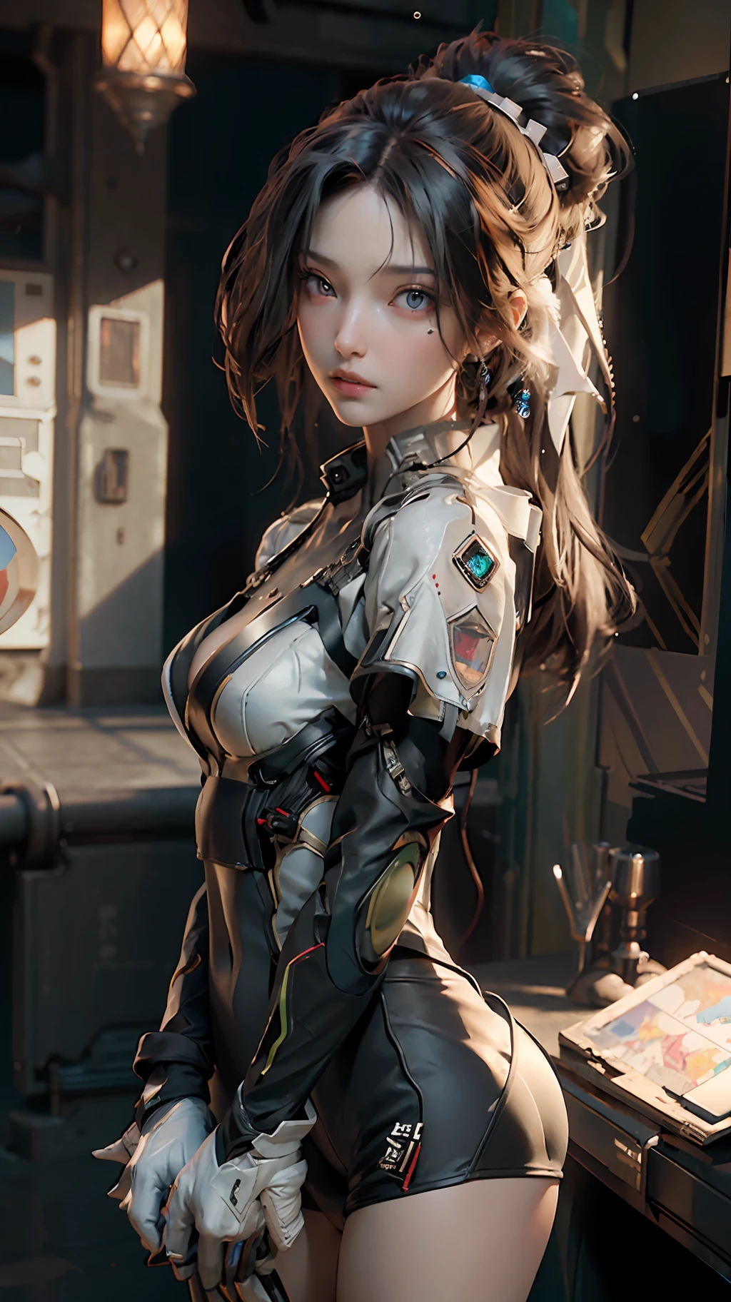 ((Best quality)), ((masterpiece)), (detailed:1.4), 3D, an image of a beautiful cyberpunk female,HDR (High Dynamic Range),Ray Tracing,NVIDIA RTX,Super-Resolution,Unreal 5,Subsurface scattering,PBR Texturing,Post-processing,Anisotropic Filtering,Depth-of-field,Maximum clarity and sharpness,Multi-layered textures,Albedo and Specular maps,Surface shading,Accurate simulation of light-material interaction,Perfect proportions,Octane Render,Two-tone lighting,Wide aperture,Low ISO,White balance,Rule of thirds,8K RAW,