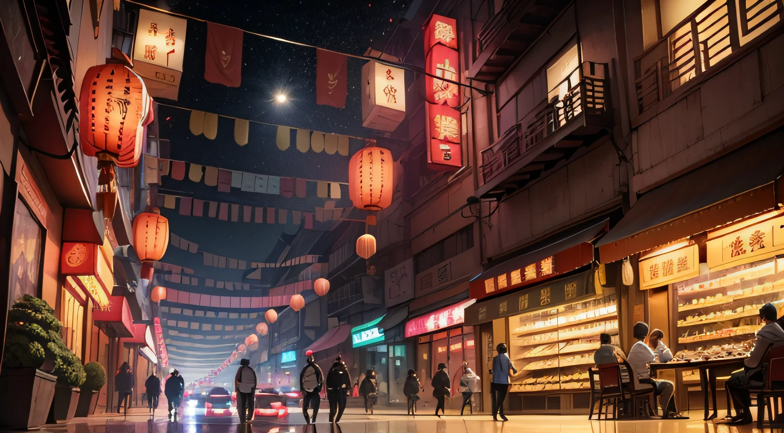 Poster, background dark night Chinese downtown style, 3D, a team galloping on the street, there is a child eating sugar balls in front, cartoon cute, a lot of details, the sense of space before and after is obvious, the picture should have impact --auto --s2
