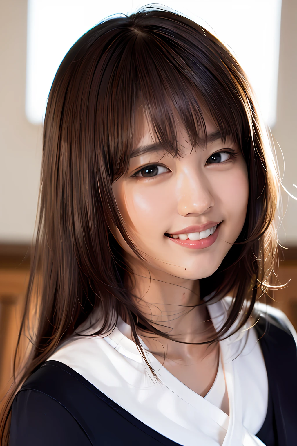 (8k, RAW photo, top quality, masterpiece: 1.2), (realistic, photorealistic: 1.37), super detail, ultra high resolution, one girl, beholder, beautiful detailed face, smile, constriction, (slim waist): 1.3), uniform, beautiful detailed skin, skin texture, floating hair, professional lighting,
