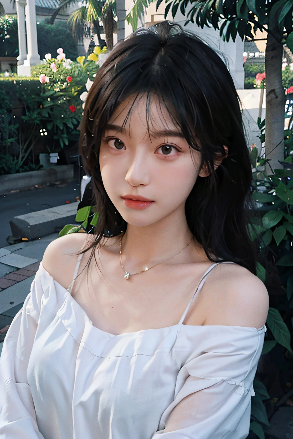 A beautiful girl, hair over the shoulder, clear eyes, smooth hair, exquisite and perfect facial features, the most beautiful big eyes, long eyelashes, sweet eyes with lying silkworms, pout, dynamic angle, ultimate picture quality, the highest precision, accurate and perfect human body, necklace, bust, close-up, outdoors, background is flowers and plants, (far shot, far shot)