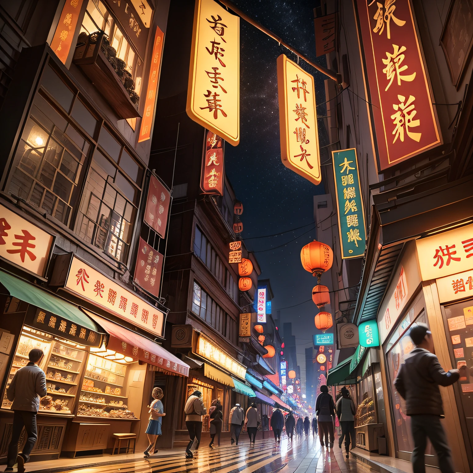Poster, background dark night Chinese downtown style, 3D, a team galloping on the street, there is a child eating sugar balls in front, cartoon cute, a lot of details, the sense of space before and after is obvious, the picture should have impact --auto --s2