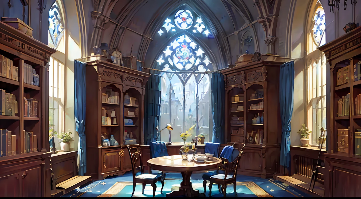 Castle towers, Harry Potter, Ravenclaw, lounges, arched windows, blue silk hanging on the walls, domed ceilings painted with stars, dark blue carpets with stars, tables, chairs, bookshelves on the floor --auto --s2