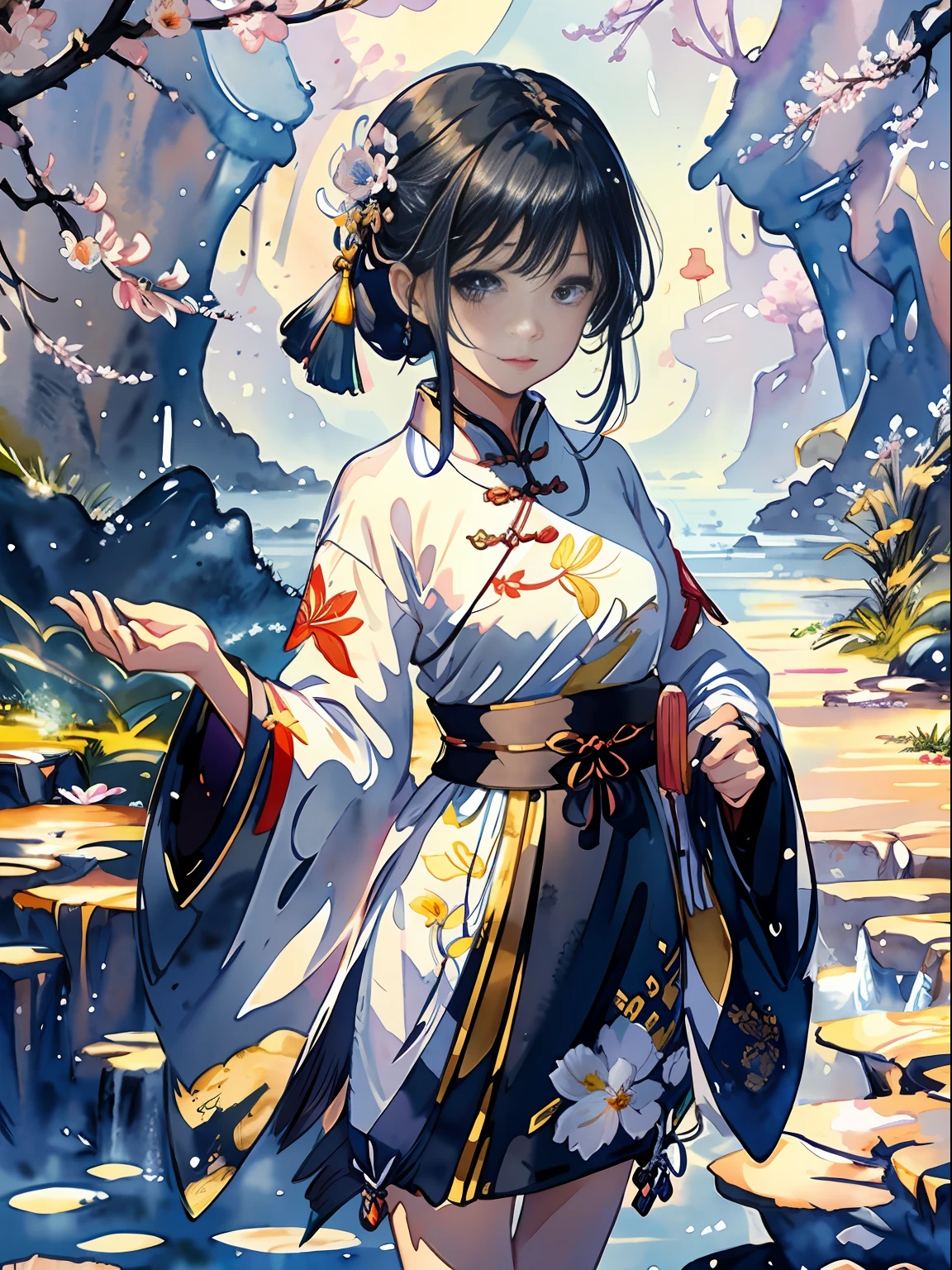 Portrait, Beautiful Avatar, Watercolor, (Illustration: 1.1), (Best Quality), (Masterpiece: 1.1), (Very Detailed CG Unity 8k Wallpaper: 1.1), (Color: 0.9), (Panorama: 1.4), (Full Body: 1.05), (Single: 1.2), (Splash Ink), (Splash Color), ((Watercolor)), Clear and Sharp, {1girl Standing}, ((Chinese Style)), Flower Background, Outdoor, Rock, Looking at the Viewer, Making Happy Expressions, Soft Smile , pure, beautiful detailed face and eyes, beautiful intricate clothing pattern details, black hair, black eyes, colorful watercolor