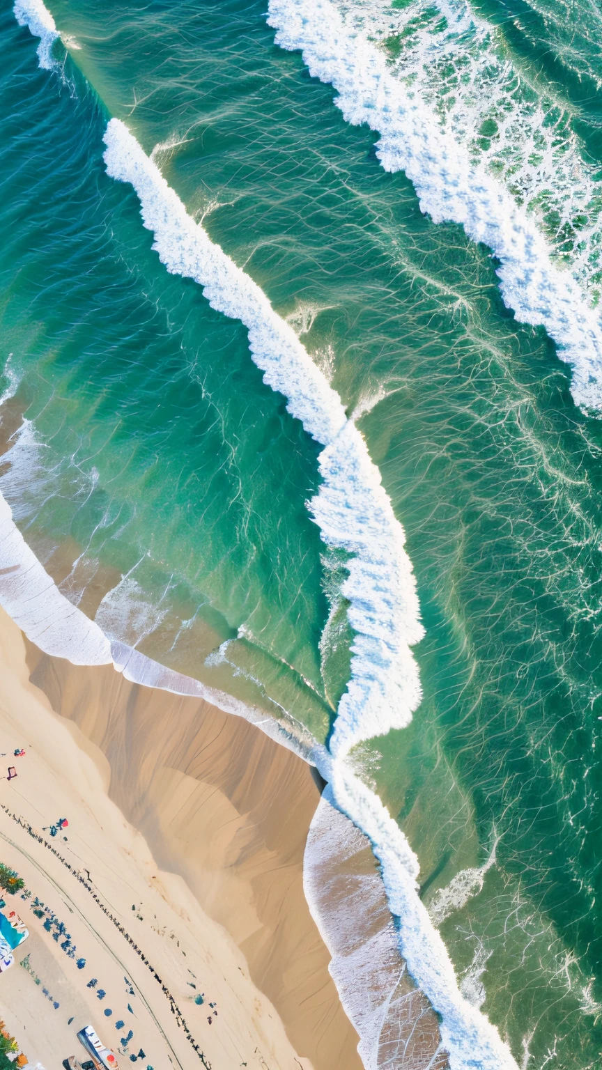 Beach, coast, waves, sunny, uninhabited, fine details and textures, top view, big scene