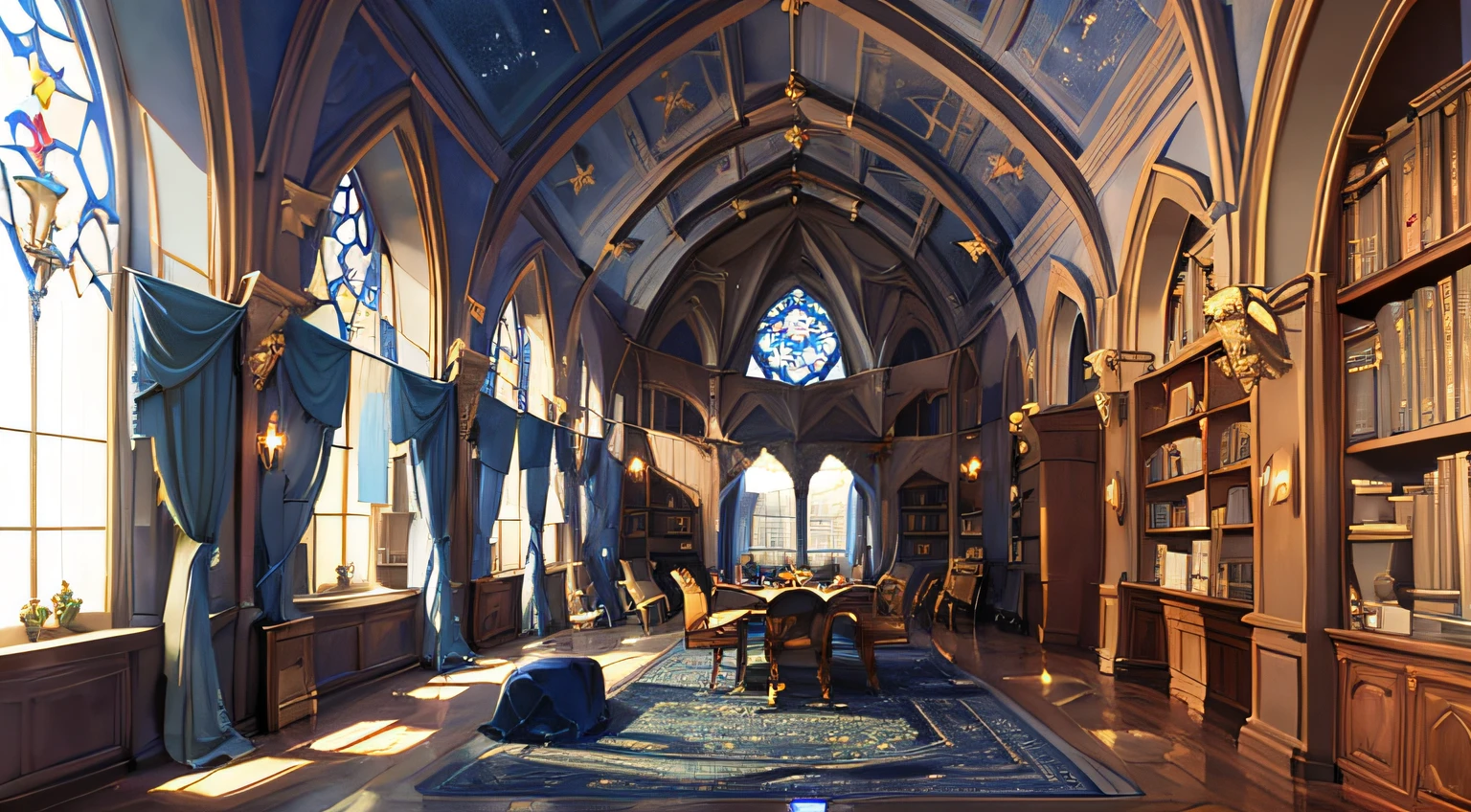 Castle towers, Harry Potter, Ravenclaw, lounges, arched windows, blue silk hanging on the walls, domed ceilings painted with stars, dark blue carpets with stars, tables, chairs, bookshelves on the floor --auto --s2