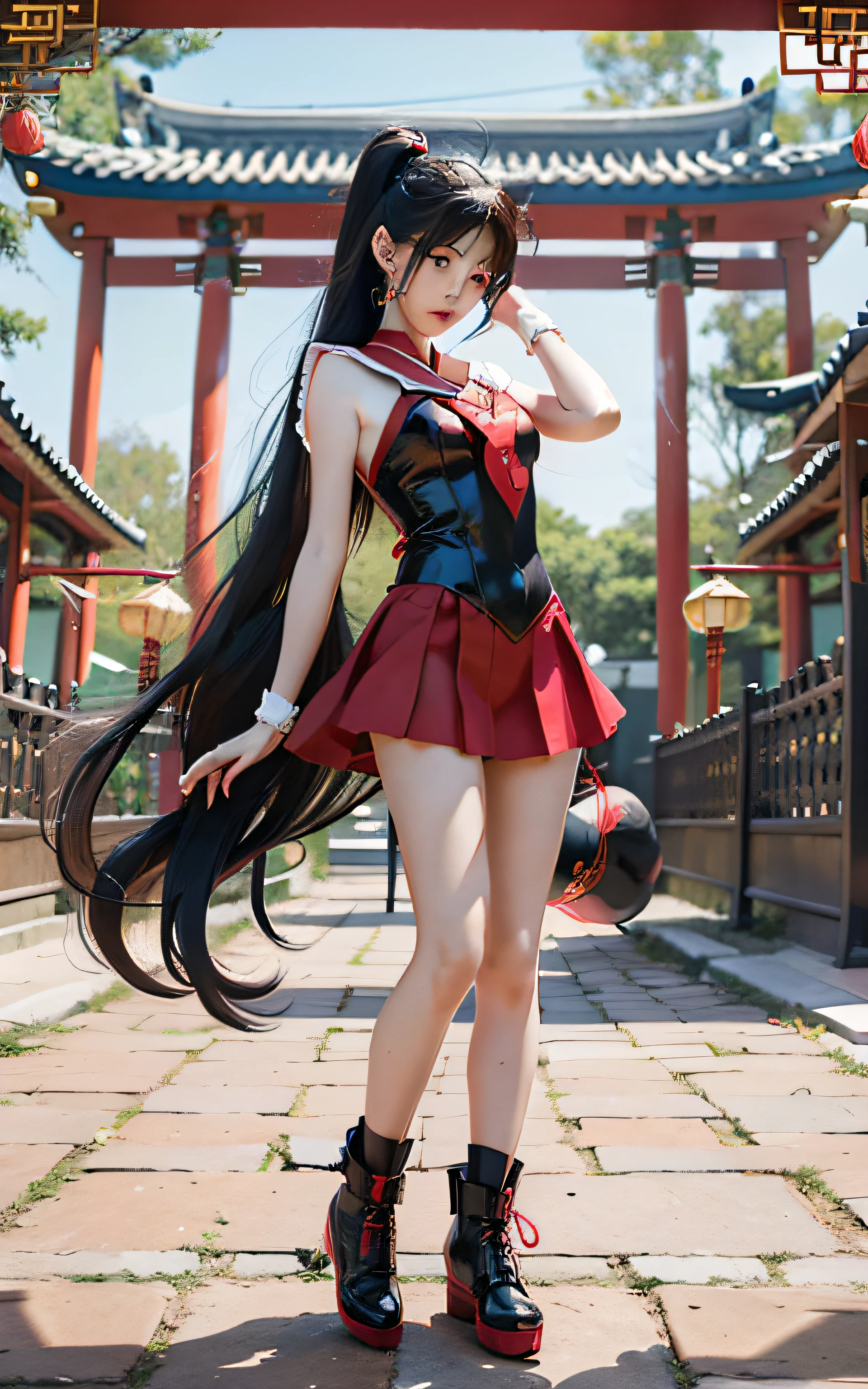 A sexy red sailor suit girl black shawl long hair, red sailor suit, rich accessories, sailor moon water ice Mars, (chinese temple background: 1.5), cosplay pictures, full body photos, photography style, cinematic machine shooting, 8K RAW, Sailor Moon!!!!!!!!, Sailor Moon style, inspired by Sailor Moon, Sailor Moon, Sailor Moon. Beauty, Princess, Classic Girl, Magical Girl Style, Magical Girl Portrait, Magazine Cover Photo