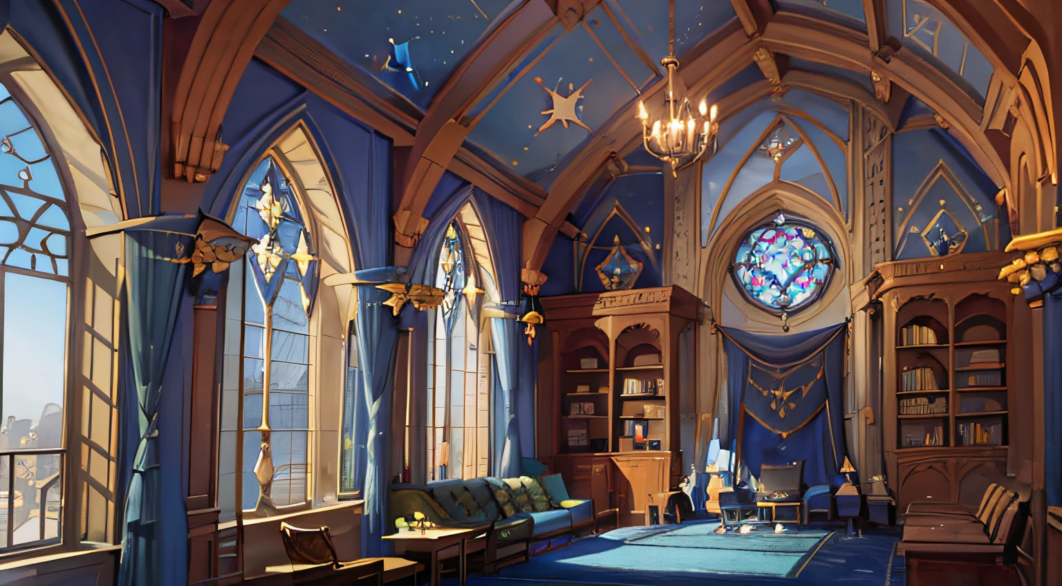 Castle towers, Harry Potter, Ravenclaw, lounges, arched windows, blue silk hanging on the walls, domed ceilings painted with stars, dark blue carpets with stars, tables, chairs, bookshelves on the floor --auto --s2