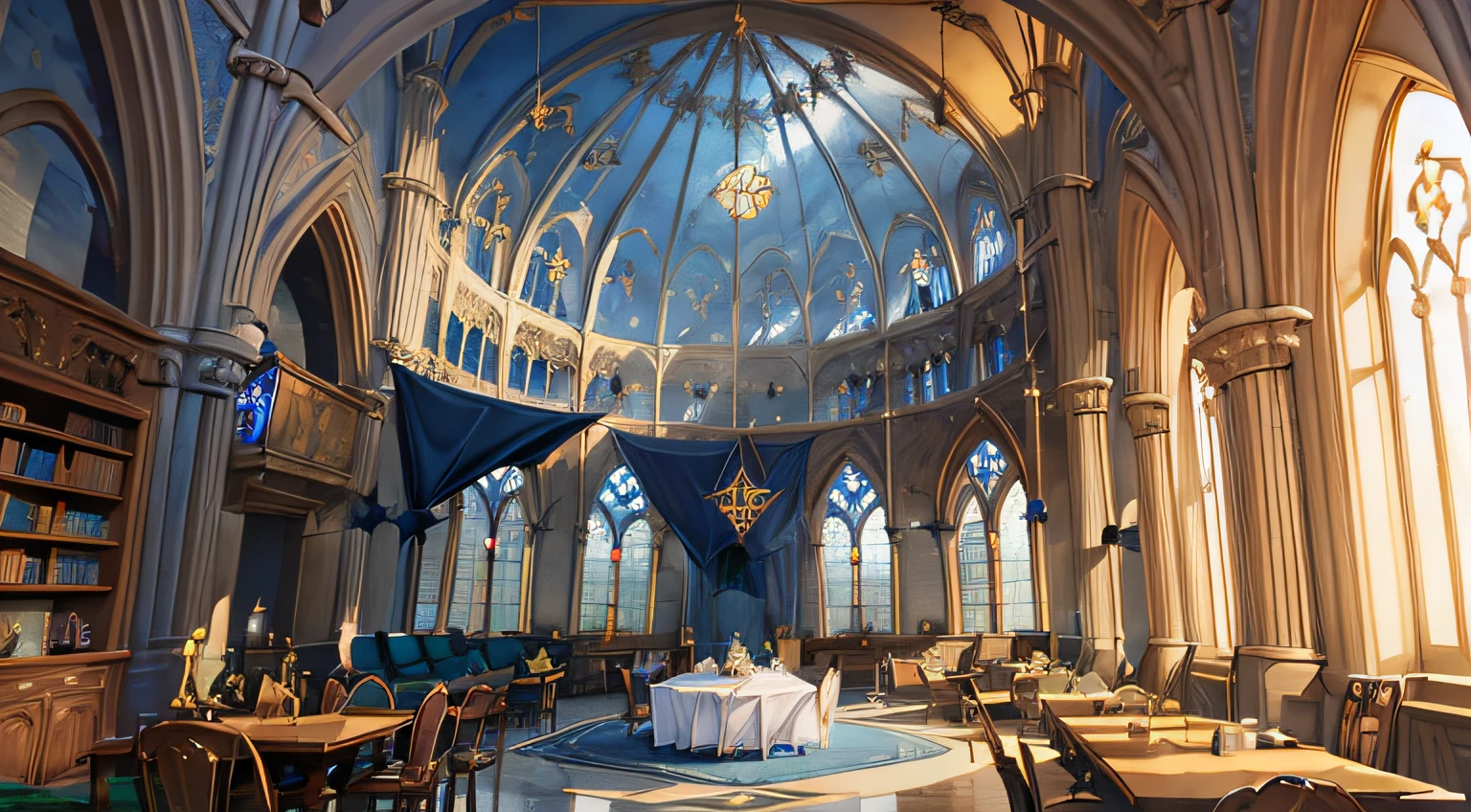 Castle towers, Harry Potter, Ravenclaw, lounges, arched windows, blue silk hanging on the walls, domed ceilings painted with stars, dark blue carpets with stars, tables, chairs, bookshelves on the floor --auto --s2