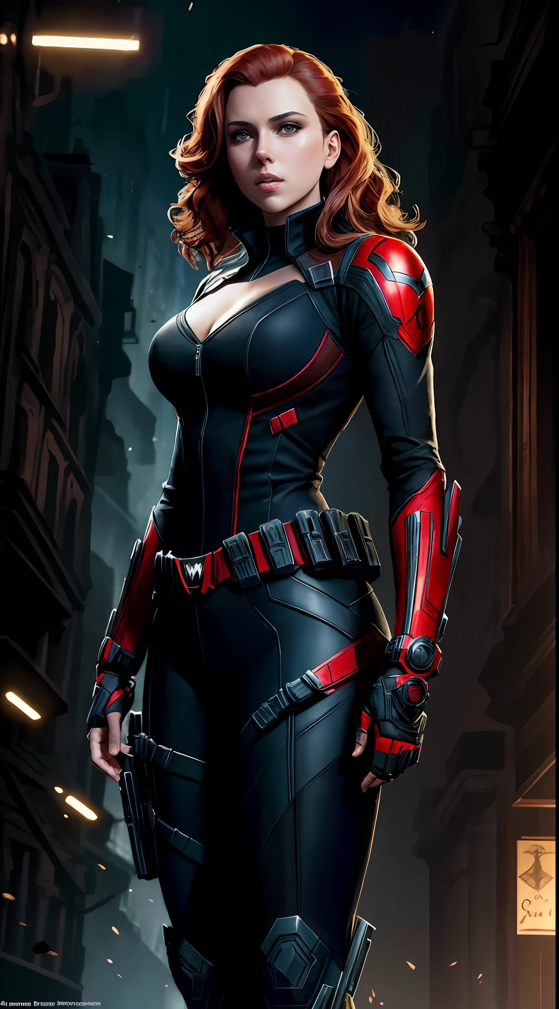 Scarlett Johansson as a black widow from the Marvel universe, super detailed, super detailed black widow costume, high-quality face study, (in an urban environment), full body, super quality for competition, ((black widow costume, superheroine)), (superhero pose: 1.1), (perfect body: 1.1), (short wavy hair: 1.2), whole body, casual pose, beautiful pose, (extremely detailed CG 8k wallpaper), (extremely delicate and beautiful),  (masterpiece), (best quality: 1.0), (ultra high resolution: 1.0), beautiful lighting, perfect lighting, realistic shadows, [high resolution], detailed skin, super detailed (((colorful))), Digital art, Metal Gear Solid concept art, Full Body concept art, Expert concept art with high detail, Concept art such as Ernest Halimov, FPS game concept art, Concept art, Craig Mullins style, Video game concept art, 8k