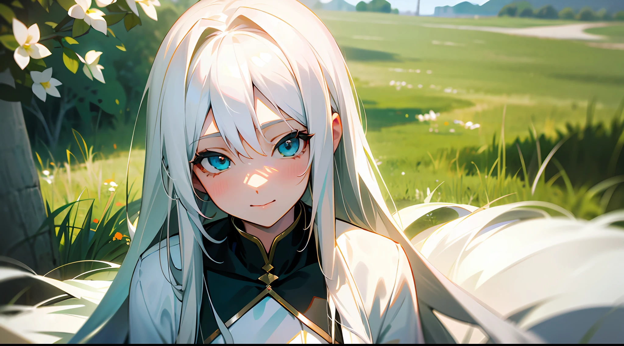 (Masterpiece, Sidelight, Fine Beautiful Eyes: 1.2), Clear eyes, masterpiece*portrait, realistic, 3D face, anime girl with white hair and green eyes sitting in the grass, white hair god, white hair girl, beautiful avatar photo, long white hair, white long hair, long hair anime girl, white hair, flowing white hair, perfect white hair girl, long hair blonde anime girl, Woman with white hair, long flowing white hair, white long hair!! 。 Gentle smile
