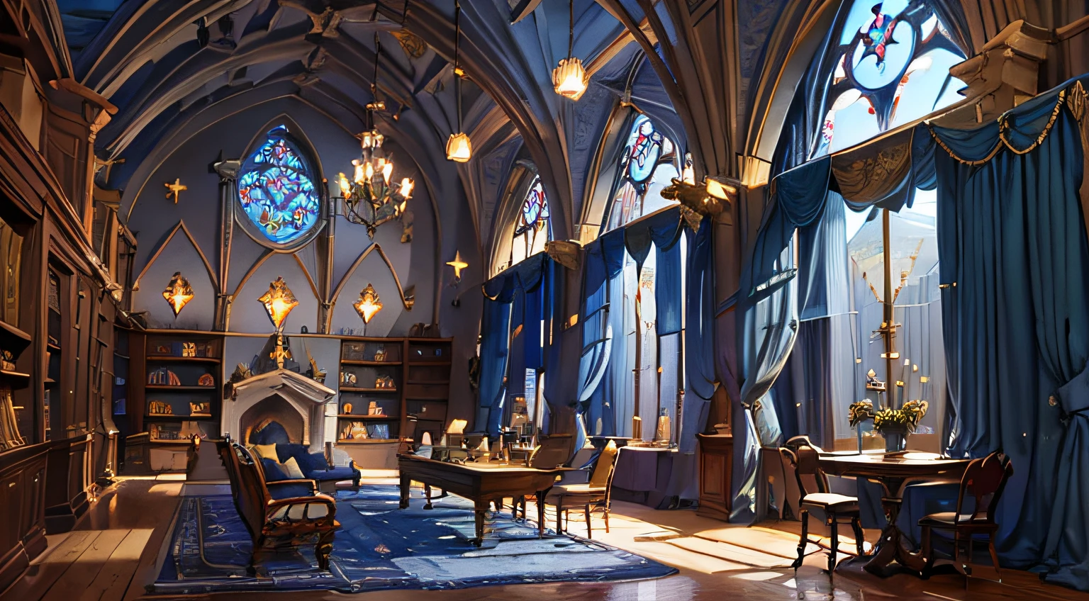 Castle towers, Harry Potter, Ravenclaw, lounges, arched windows, blue silk hanging on the walls, domed ceilings painted with stars, dark blue carpets with stars, tables, chairs, bookshelves on the floor --auto --s2