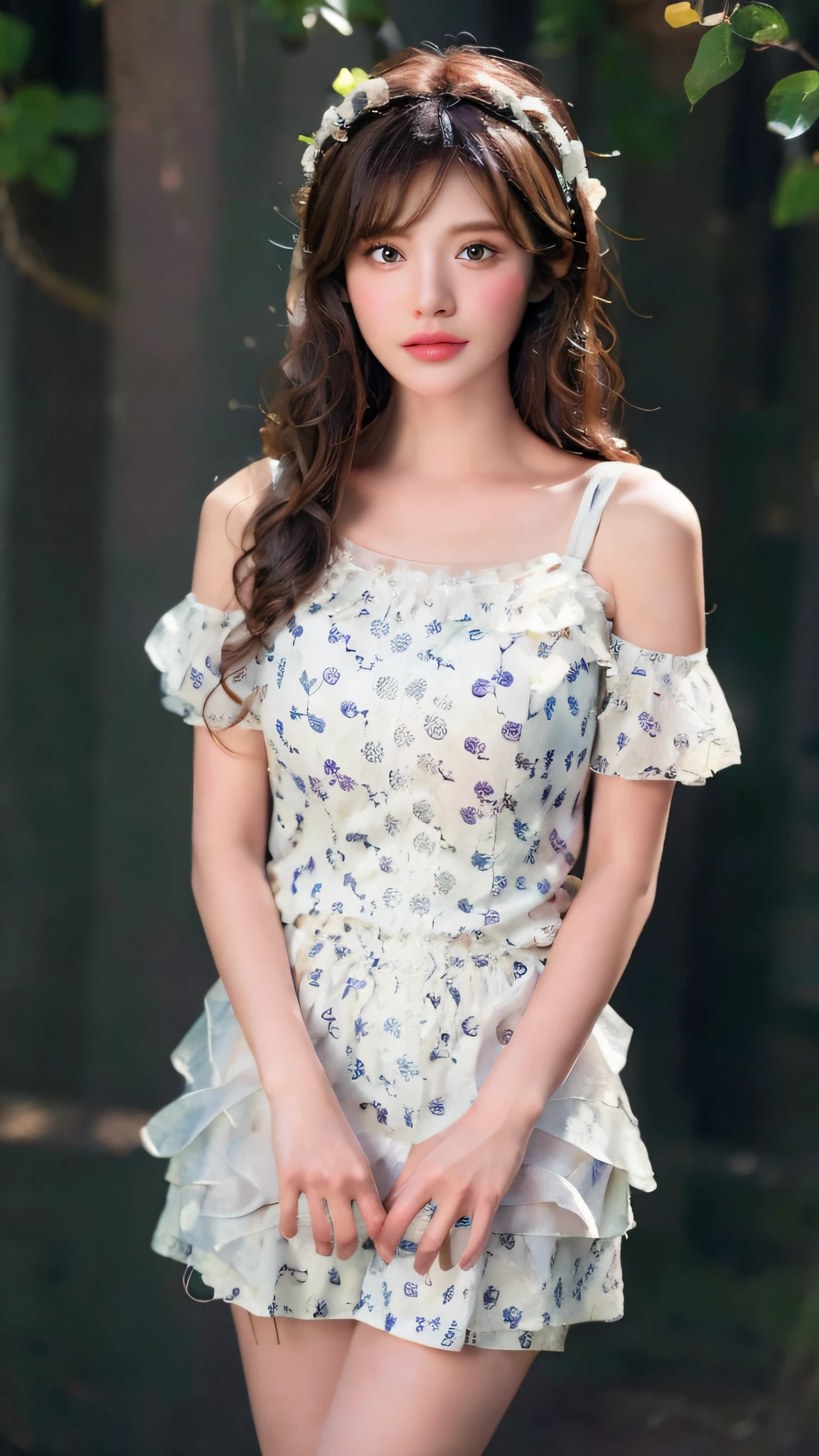 flower_dress, ((Best Quality, 8K, Masterpiece: 1.3)), Focus: 1.2, Perfect Body Beauty: 1.4, Buttocks: 1.2, (Layered Hairstyle: 1.2), Daytime, Garden, Highly Detailed Face and Skin Texture, Fine Eyes, Double Eyelids, Whitening Skin, Long Hair, T-shirt, Shorts, Half,