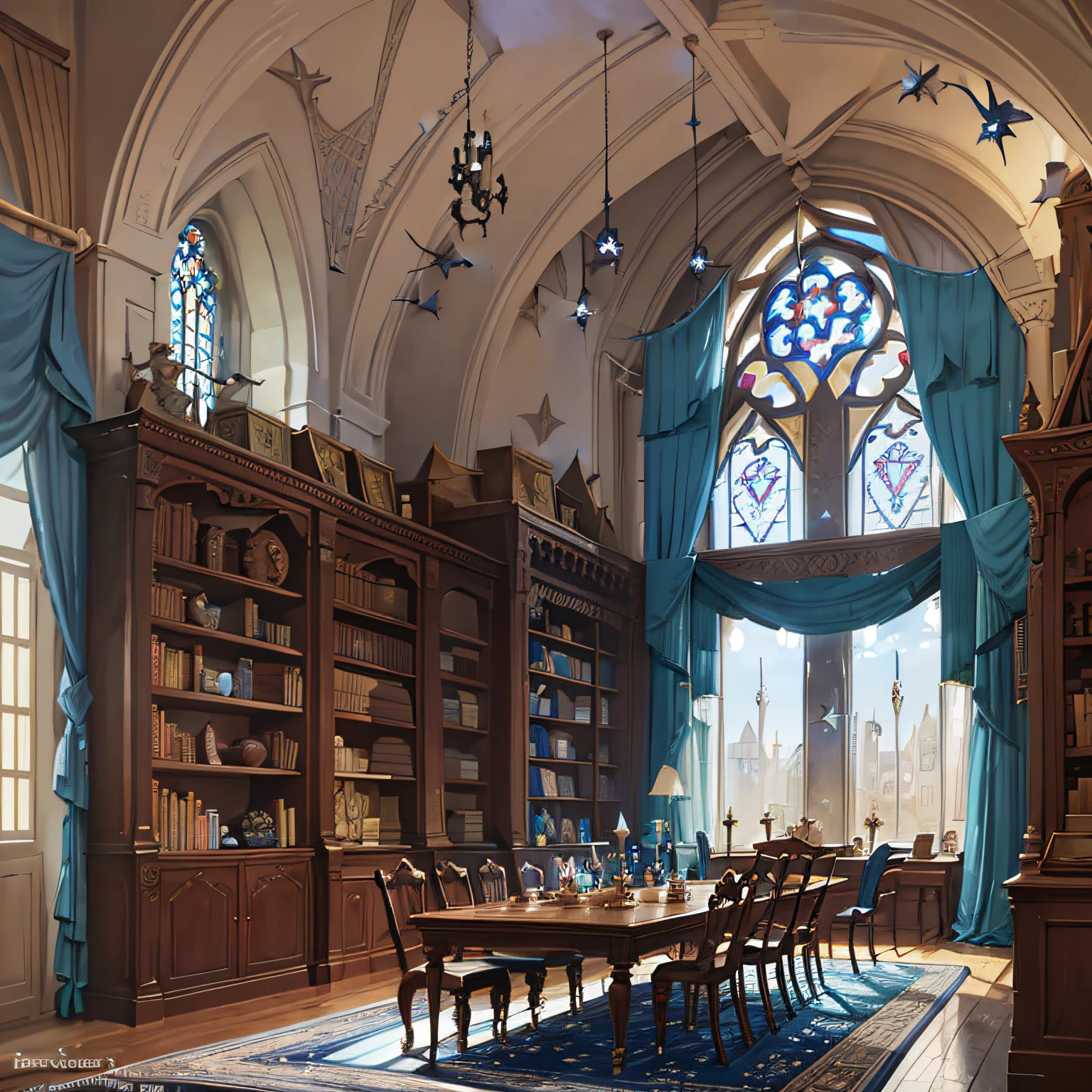 Castle towers, Harry Potter, Ravenclaw, lounges, arched windows, blue silk hanging on the walls, domed ceilings painted with stars, dark blue carpets with stars, tables, chairs, bookshelves on the floor --auto --s2