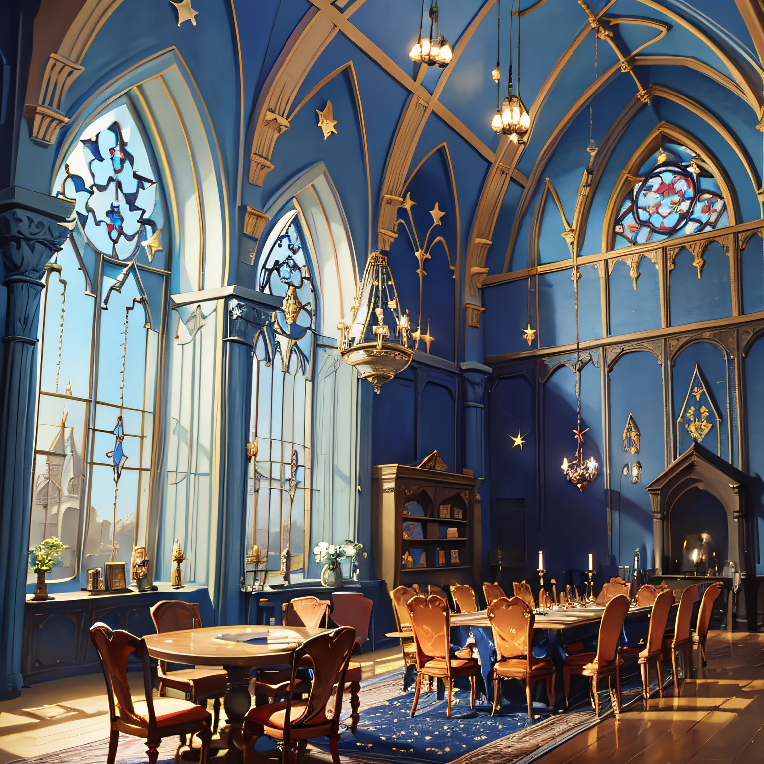Castle towers, Harry Potter, Ravenclaw, lounges, arched windows, blue silk hanging on the walls, domed ceilings painted with stars, dark blue carpets with stars, tables, chairs, bookshelves on the floor --auto --s2