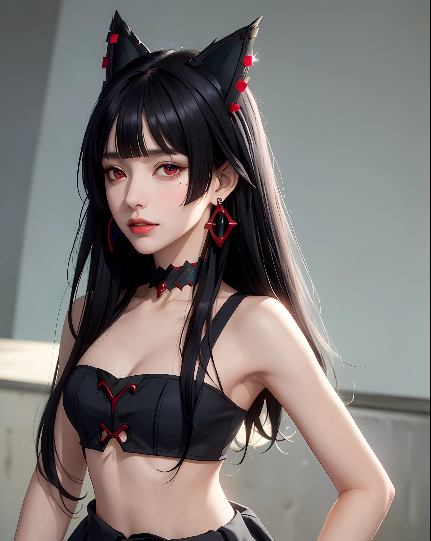 (masterpiece, best quality, 1girl, solo, intricate details, chromatic aberration), (realistic),(skin),((rory mercury)), ((breath)),(black hair,blunt bangs),detailed hair, red head ornament, blue highlights, hair over one eye,red eyes, small earrings, sharp eyes, choker,((black crop top )),(skirt),open waist,(symmetry eyes),(perfect symmetrical body), night,(((natural light))),backlighting,against grey wall, dim lighting ,look at viewer,((centered shot, from front,(face and waist))) ,