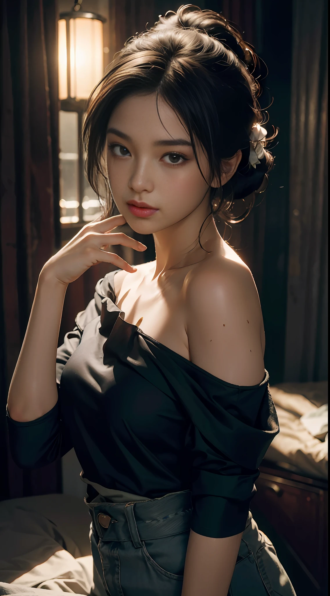 Best quality, masterpiece, ultra high res, (photorealistic:1.4), raw photo, 1girl, off shoulder, cinematic lighting, kiss poses