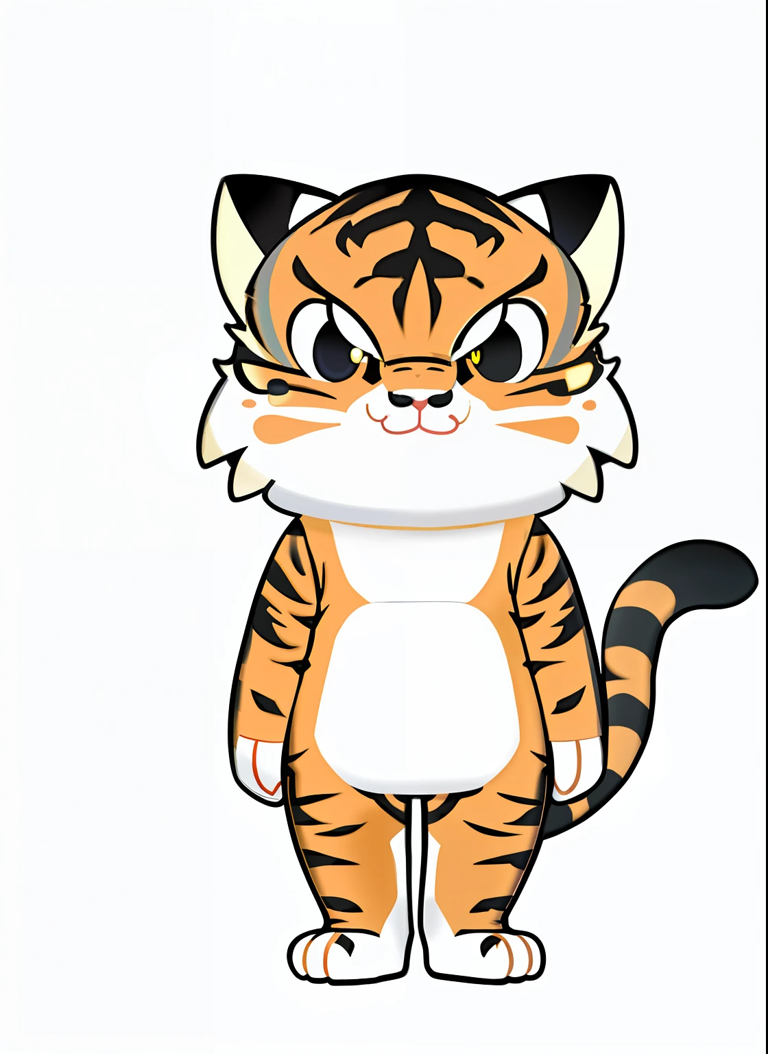 Cartoon cat with sad expression on his face, anthropomorphic tiger, ((tiger)), a standing cat, cat, furry Tony, cat smiling, full body mascot, IP image, positive pose, smol, merged character, full body view, SFW version, half cat, full body adoptable, full body; Front view, tiger_beast, clean cel shadow