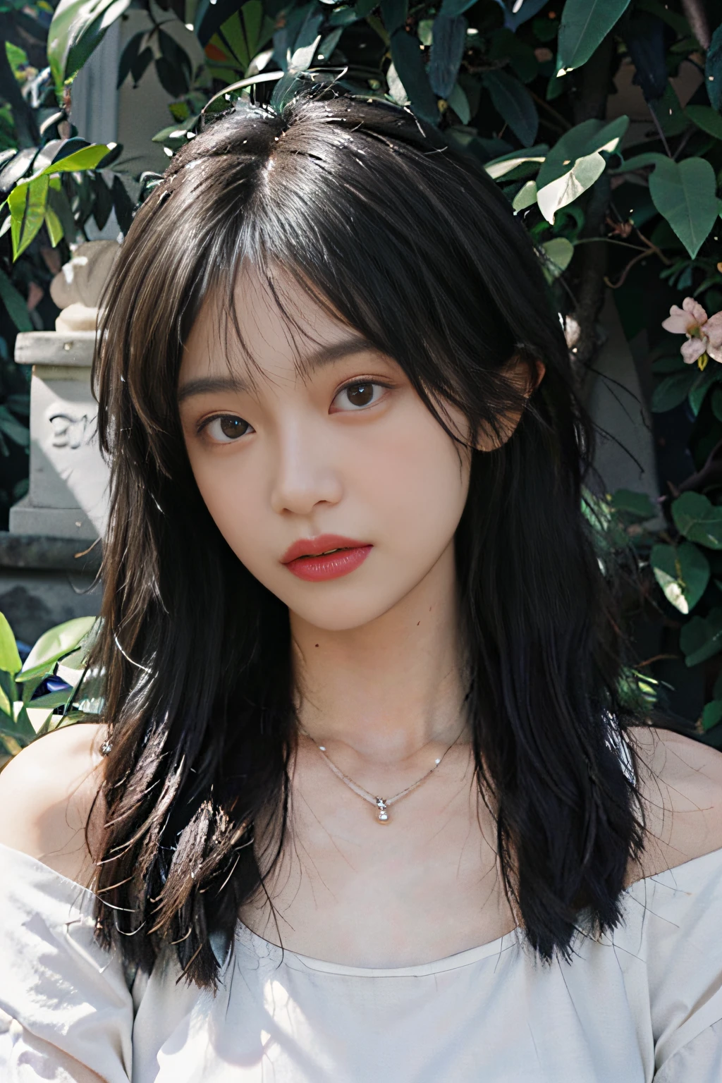 A beautiful girl, hair over the shoulder, clear eyes, eyes shining, smooth hair, exquisite and perfect facial features, the most beautiful big eyes, long eyelashes, sweet eyes with lying silkworms, pout, dynamic angle, ultimate picture quality, the highest precision, accurate and perfect human body, necklace, bust, close-up, outdoors, background is flowers and plants, (far shot, far shot)