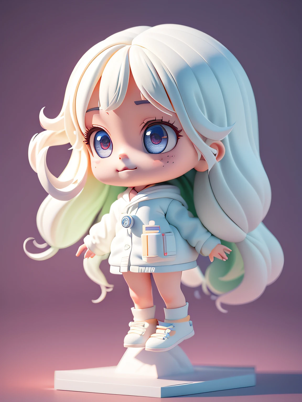 Official Art, Unified 8k Wallpaper, Ultra Detailed, Beautiful and Aesthetic, Masterpiece, Best Quality, Oversized Wallpaper, Detailed Plastic Material, ((Same Character, Front, Side,)) Best Quality, (Very Detailed Model), (Best Quality), Octane Rendering, Ray Tracing, Very Detailed, 3D Toy, Exaggerated Giant Long Hair, Exaggerated Giant Long Hair, Super Cute Girl Full Body 3D Drawing, 1, Good Looking, Big Eyes, Cute, Happy, C4D, Pop Matt Blind Box, White Long Hair , glowing bubbles, toys, solid color background, chibi, fluorescent translucency, luminescence, kawaii, doll, (((scientist, white lab coat))), reference table, pop mart blind box, pixar, complex detail, close-up, 3d, super detailed, generate front view, side view, half side view triple view, borderless, c4d, octane rendering, blender, hd, full body, simple background!