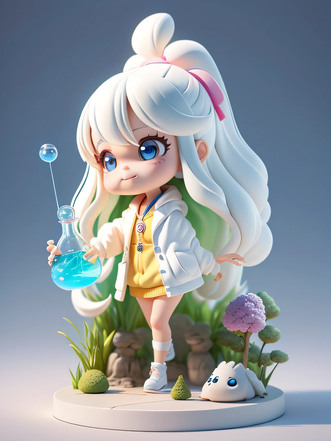 Official Art, Unified 8k Wallpaper, Ultra Detailed, Beautiful and Aesthetic, Masterpiece, Best Quality, Oversized Wallpaper, Detailed Plastic Material, ((Same Character, Front, Side,)) Best Quality, (Very Detailed Model), (Best Quality), Octane Rendering, Ray Tracing, Very Detailed, 3D Toy, Exaggerated Giant Long Hair, Exaggerated Giant Long Hair, Super Cute Girl Full Body 3D Drawing, 1, Good Looking, Big Eyes, Cute, Happy, C4D, Pop Matt Blind Box, White Long Hair , glowing bubbles, toys, solid color background, chibi, fluorescent translucency, luminescence, kawaii, dolls, (((scientists, white lab coat))), reference table, pop mart blind box, pixar, intricate details, close-up, 3d, super detailed, generate front view, side view, half side view triple view, borderless, c4d, octane rendering, blender, hd, full body, cute park background!