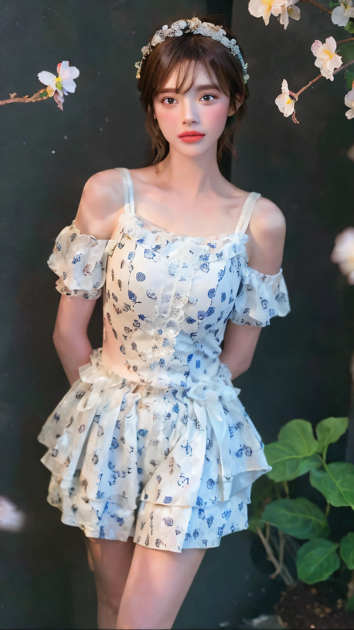 flower_dress, ((Best Quality, 8K, Masterpiece: 1.3)), Focus: 1.2, Perfect Body Beauty: 1.4, Buttocks: 1.2, (Layered Hairstyle: 1.2), Daytime, Garden, Highly Detailed Face and Skin Texture, Fine Eyes, Double Eyelids, Whitening Skin, Long Hair, T-shirt, Shorts, Half,