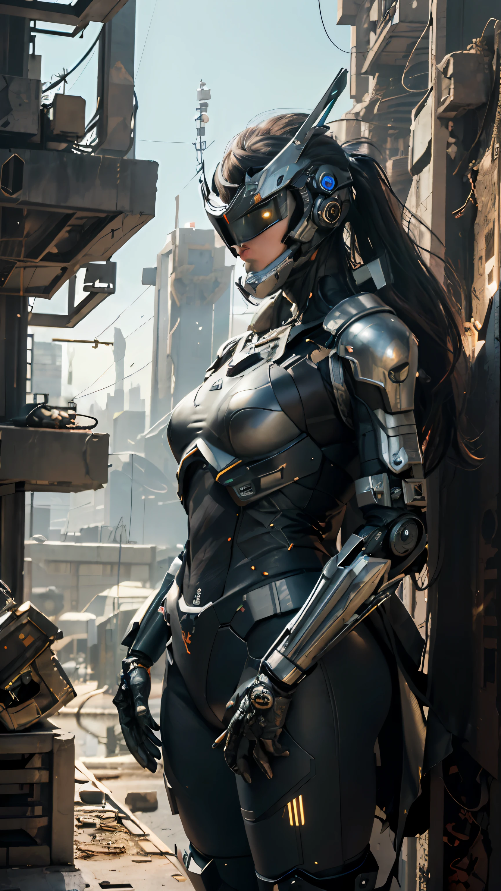 (best quality)), ((masterpiece)), ((realistic)), (detailed), (realistic:1.5), a futuristic girl, (thick body), lights on armor, cybernetic headdress, looking at the audience, dynamic pose, post-apocalyptic, destroyed city background, buildings on fire, science fiction, HDR, ray tracing, nvidia rtx, super resolution, unreal 5, subsurface scattering, PBR texture, post-processing, anisotropic filtering, depth of field, maximum sharpness and sharpness, Rule of Thirds, 8K Primordial, (Glow Particle: 1.4), (Very Detailed CG, Unity 8K Wallpaper, 3D, Cinematic Lighting, Lens Glow), Reflection, Sharp Focus, Cyberpunk Art, Cyberpunk Architecture, Portrait of Futuristic Robot, Futuristic Armor with Futuristic Equipment and Helmet, Cyber Armor, Cyber Armor, Robotpunk Futurist Geometry, Cool Mecha Style, Cyber Set, Fractal Cyborg Ninja Background