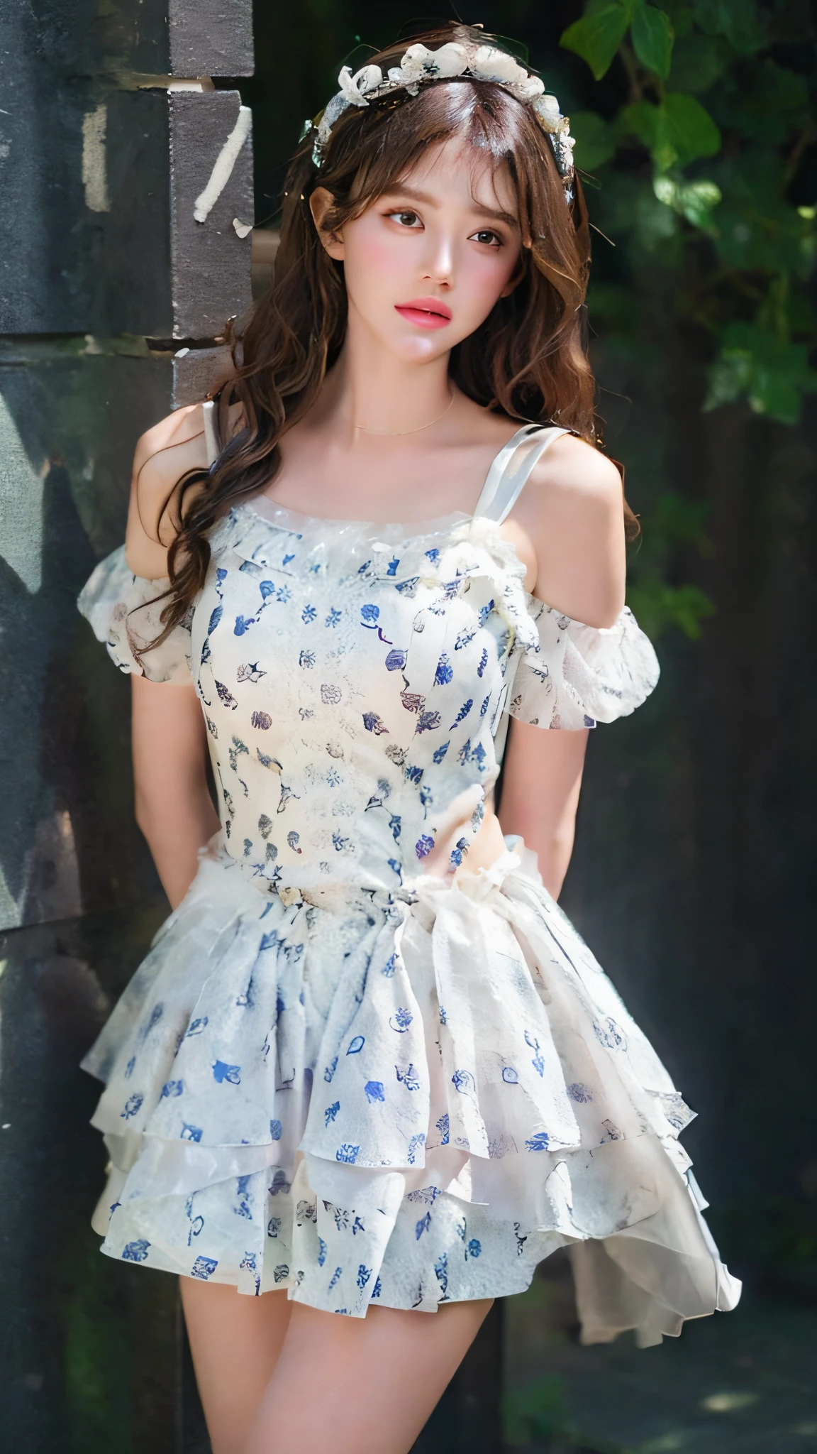 flower_dress, ((Best Quality, 8K, Masterpiece: 1.3)), Focus: 1.2, Perfect Body Beauty: 1.4, Buttocks: 1.2, (Layered Hairstyle: 1.2), Daytime, Garden, Highly Detailed Face and Skin Texture, Fine Eyes, Double Eyelids, Whitening Skin, Long Hair, T-shirt, Shorts, Half,