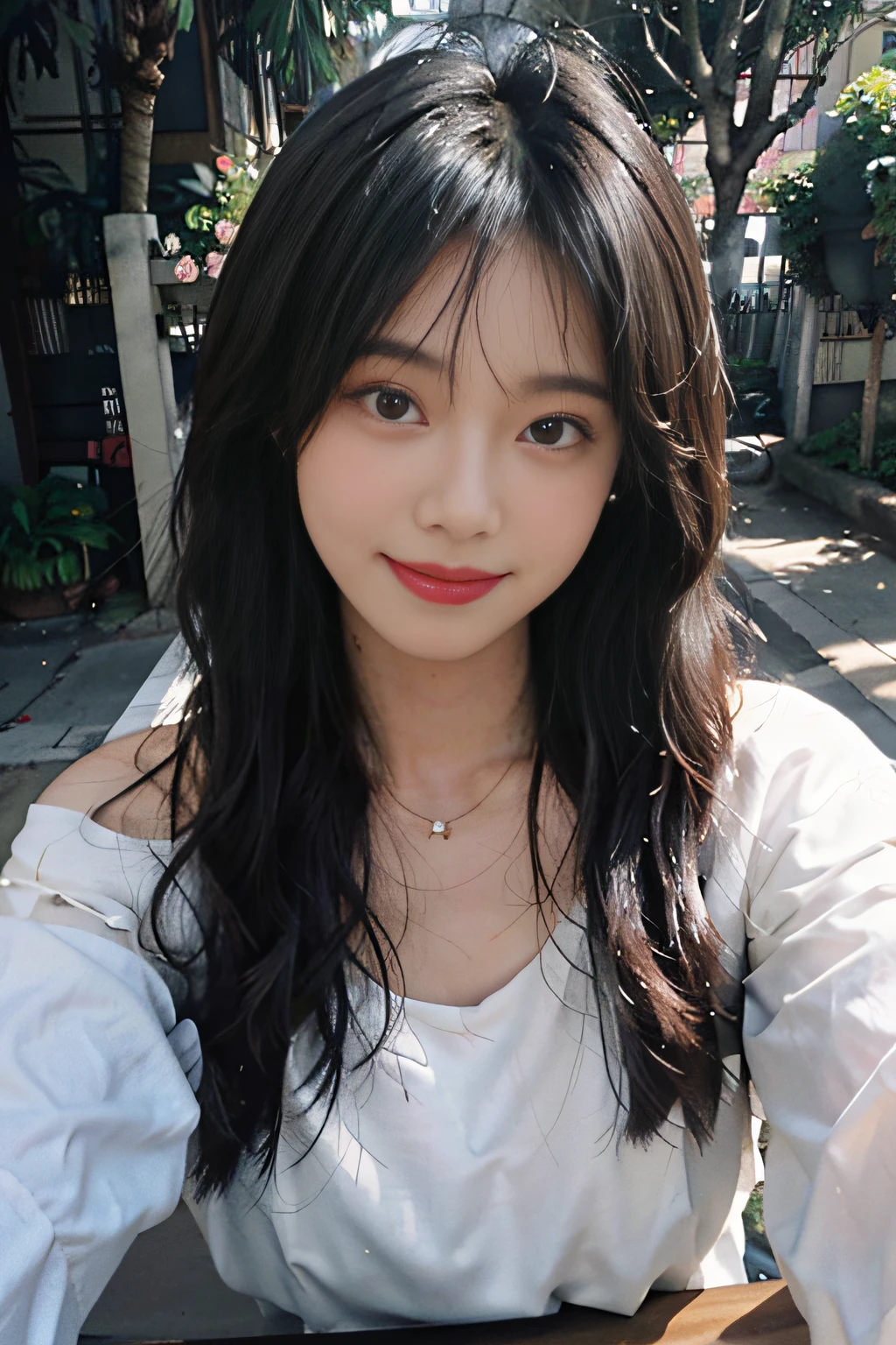 A beautiful girl, hair over the shoulder, clear eyes, bright eyes, smooth hair, exquisite and perfect facial features, the most beautiful big eyes, long eyelashes, sweet eyes with silkworms, smile, dynamic angle, ultimate picture quality, the highest precision, accurate and perfect human body, necklace, bust, close-up, outdoors, background is flowers and plants, (far shot, far shot)