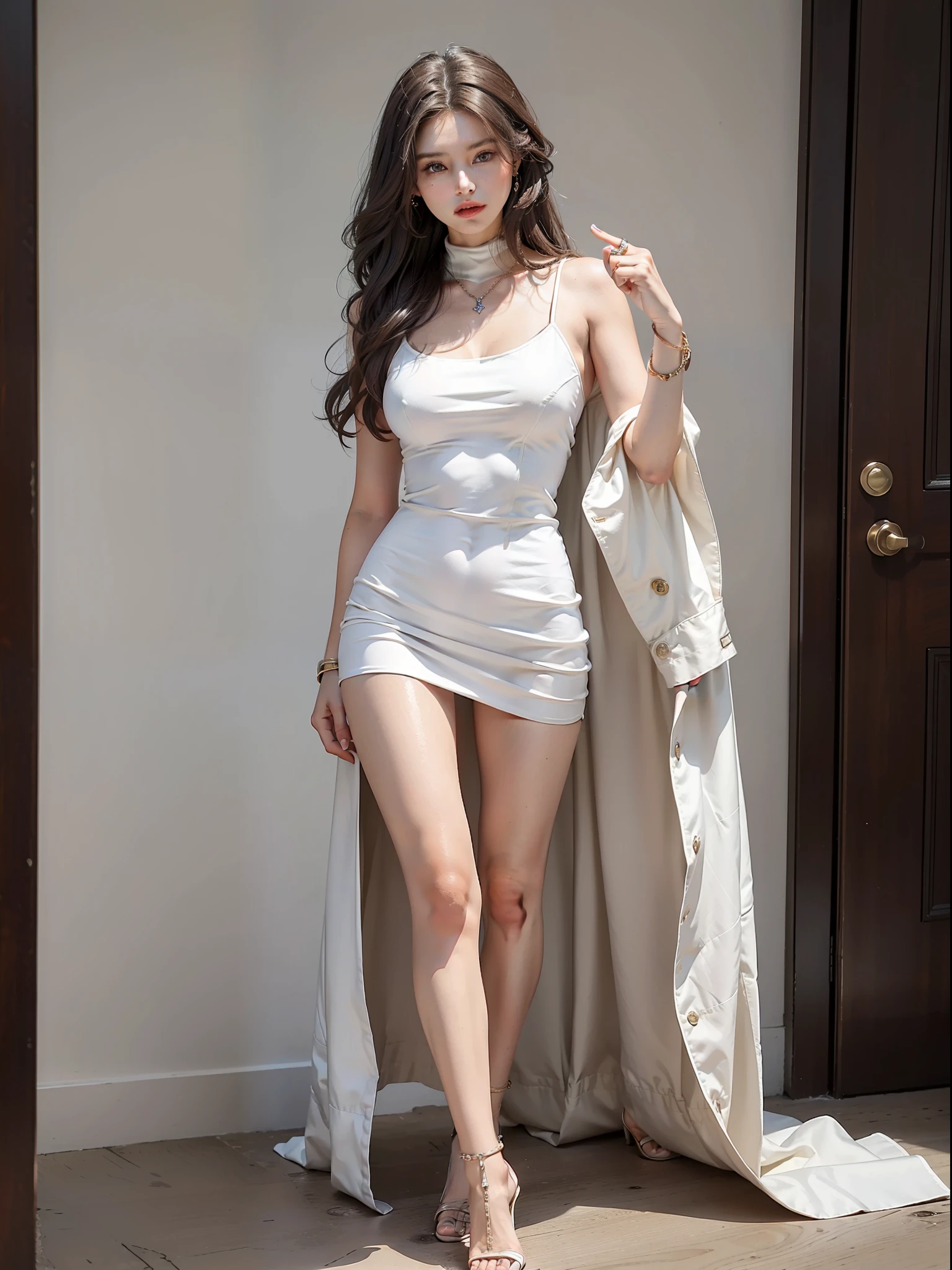 (Female: 1.2), (slim figure), (5 thumbs), (Big breasts: 1.2), (dark brown hair color), (brown eyes), (Long hair mullet head), (White cool dress), (Outerwear), (Ring finger diamond ring), (Mid heels), (Bracelet), Masterpiece, Realism