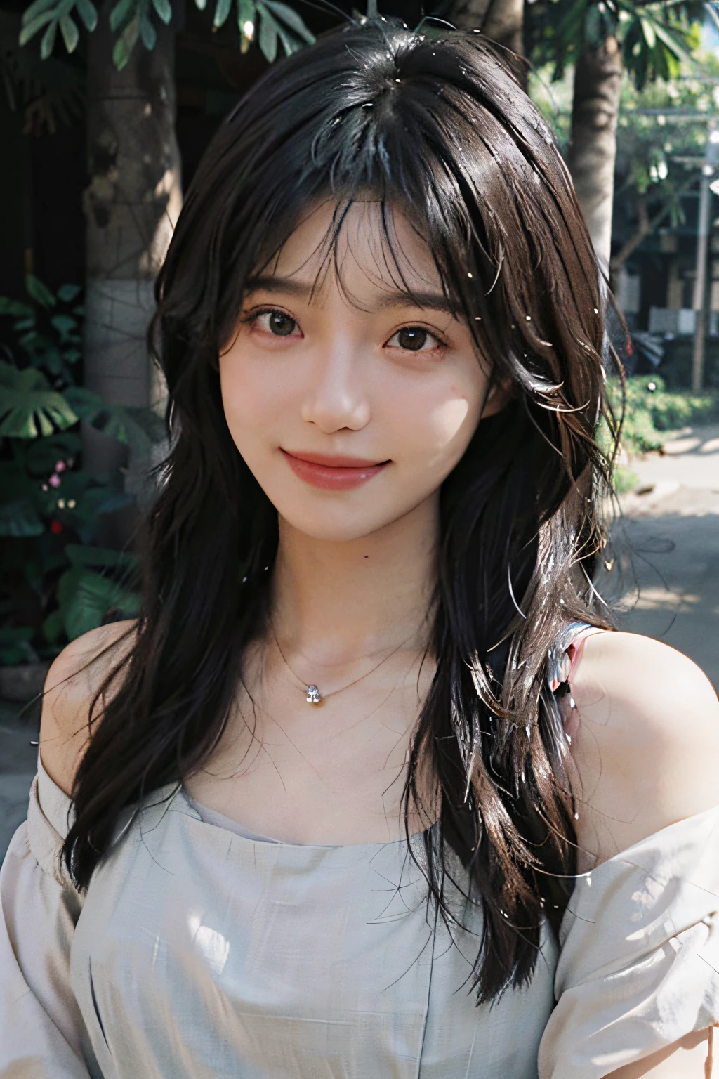 A beautiful girl, hair over the shoulder, clear eyes, bright eyes, smooth hair, exquisite and perfect facial features, the most beautiful big eyes, long eyelashes, sweet eyes with silkworms, smile, dynamic angle, ultimate picture quality, the highest precision, accurate and perfect human body, necklace, bust, close-up, outdoors, background is flowers and plants, (far shot, far shot)