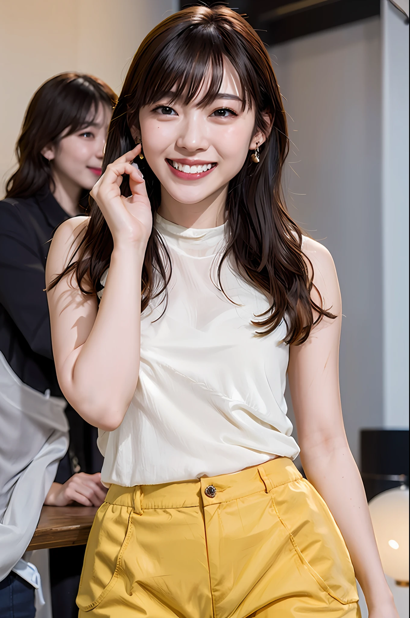 Smile of the highest quality, masterpiece, ultra high resolution, (photorealistic: 1.4), highly detailed and professional lighting. , on the beach, tight sticky thin crop top and sticky ultra shorts.