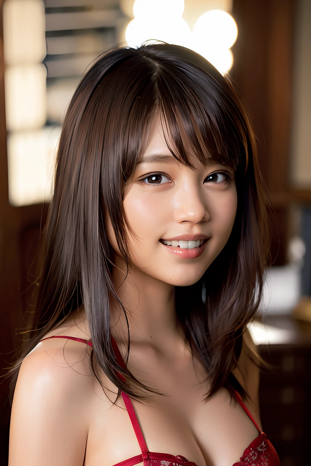 (8k, RAW photo, best quality, masterpiece:1.2), (realistic, photo-realistic:1.37), ultra-detailed, ultra high res,1 girl,looking at viewer,beautiful detailed face,smile,teeth,(feathercut:0.6),bra,panties,professional lighting,detailed room,indoors,