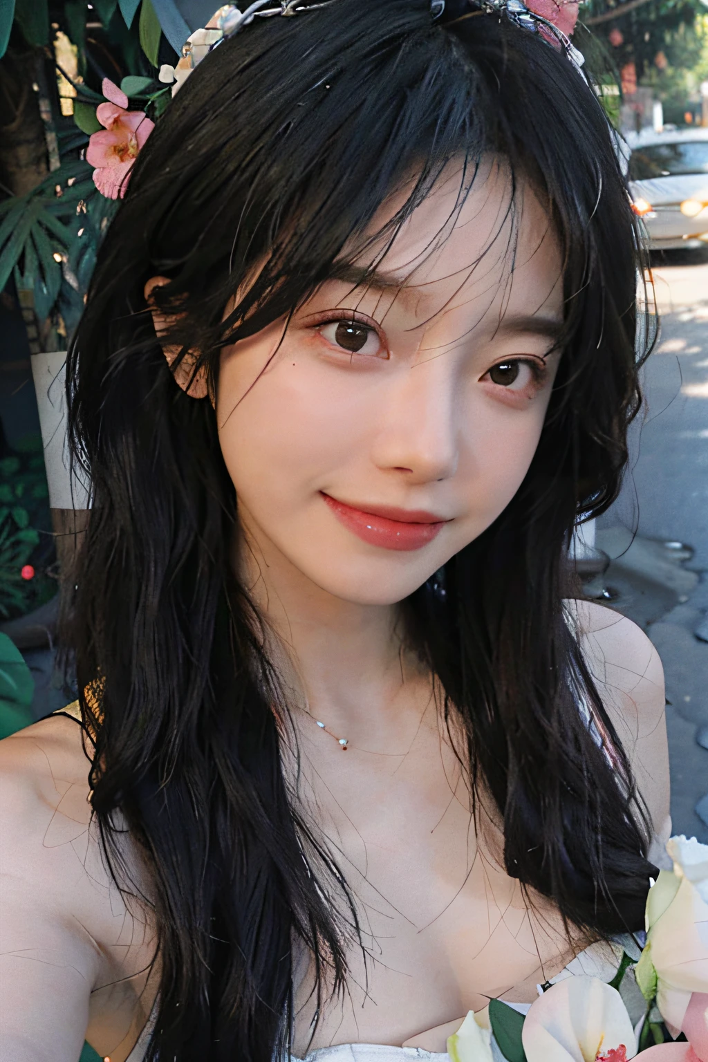 A beautiful girl, hair over the shoulder, clear eyes, bright eyes, smooth hair, exquisite and perfect facial features, the most beautiful big eyes, long eyelashes, sweet eyes with silkworms, smile, dynamic angle, ultimate picture quality, the highest precision, accurate and perfect human body, necklace, bust, close-up, outdoors, background is flowers and plants, (far shot, far shot)