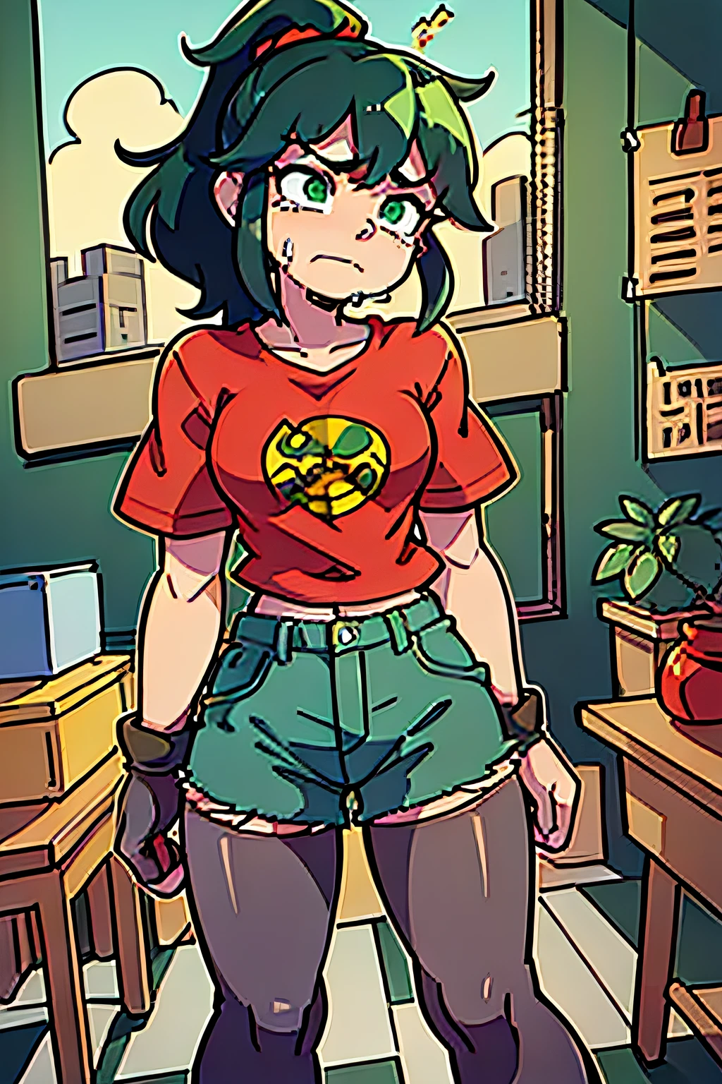 masterpiece, high quality, (anime), best quality, 1girl, very detailed eyes and face, loose red shirt, dynamic light, ((POV)), ponytail hair, (background: classroom), (((green eyes))), dark hair, ((((red shirt)))), ((yellow logo)), denim shorts, aquamarine shorts, black hair, yellow bun, ((long short))), (gray tights), dark black hair, (flat chest), ( years),  small figure, small thighs, (G logo), large size shirt, thin body, ((ponytail hair)), ((dynamic background)), dark greenish hair, ((look down)), ((crying)), ((beutiful closed eyes))