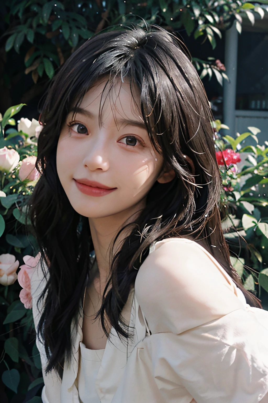A beautiful girl, hair over the shoulder, clear eyes, bright eyes, smooth hair, exquisite and perfect facial features, the most beautiful big eyes, long eyelashes, sweet eyes with silkworms, smile, dynamic angle, ultimate picture quality, the highest precision, accurate and perfect human body, necklace, bust, close-up, outdoors, background is flowers and plants, (far shot, far shot)