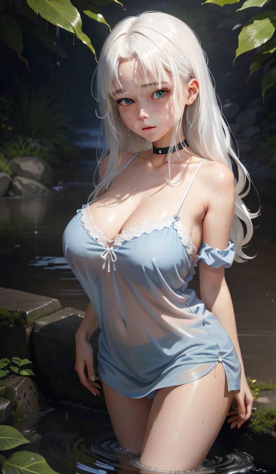 a hyper-realistic portrait of a  asleep, (huge breast:1.2),in a nightie,long white hair, wearing choker,chain in between breast, on top of a puddle of water, lots of rain, body all wet, in the middle of nature, 9 years old,s she is wearing blue panties, [[freckles]], realistic, (lying on her back up), she is wearing pink pajamas top, wet clothes, short platinum hair, (white hair), sweaty, very sweaty,  wet, curved, SFW,close up