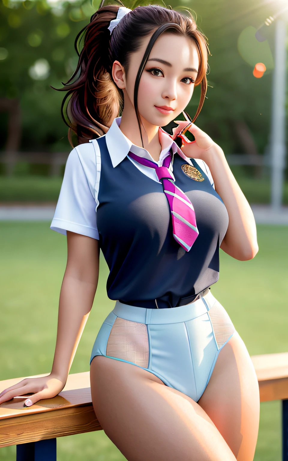 best quality, masterpiece, high_res, 1girl, Beautiful face, photo realistic, rim lighting, (high detailed skin:1.2), 8k uhd, dslr, high quality, high resolution, 4k, 8k, Bokeh, , absurdres, ponytail contorted, best ratio four finger and one thumb, school girl sport uniform, soaked shirt,