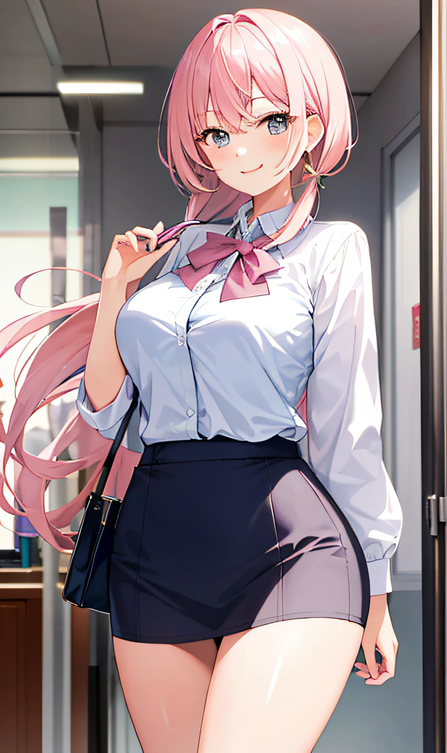 ((masterpiece, best)),(1girl),((mature woman)), light pink hair, dizzy, trumpet, ((office lady)), bangs, mid-chest, (full), slim, smiling, [wide hips] ,office,standing, aru \(blue archive\),