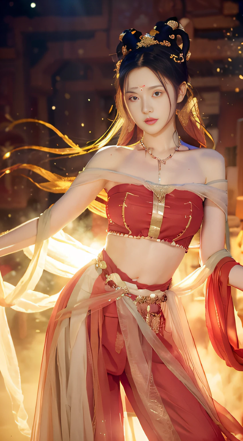 (8k, RAW photo, best quality, masterpiece:1.2), (realistic, photo-realistic:1.4), (extremely detailed CG unity 8k wallpaper), (1 girl:1.5), Western beauty, (Red clothes: 1.4), red spots on forehead, pale skin, blush, big eyes, full body, thighs, open navel, gold waist chain, gold jewelry, flying ribbons, particles, background is Loulan ancient city, ancient city wall, desert, dance, dunhuang_dress, dunhuang_style,