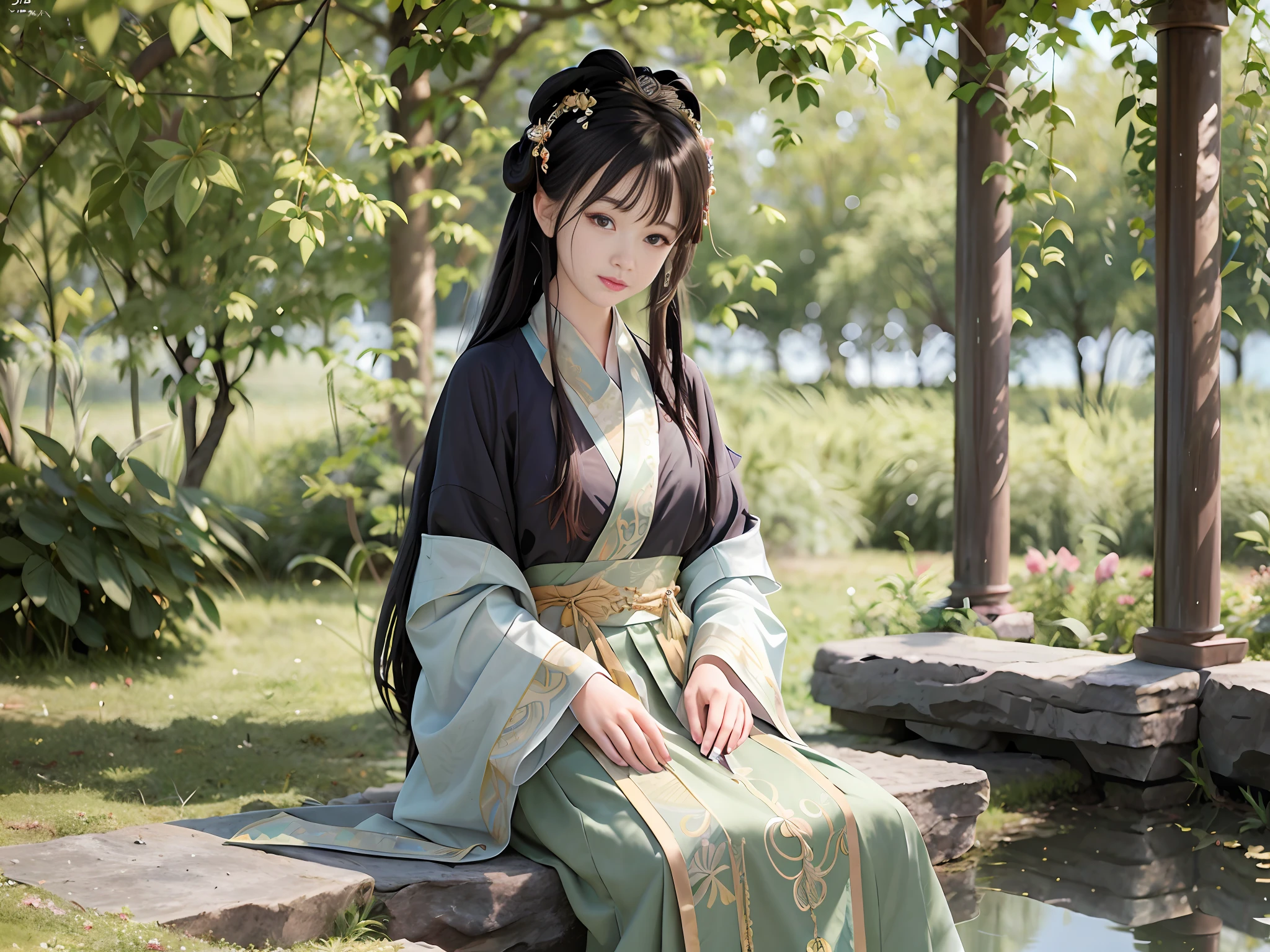 Masterpiece, Best Quality, Ultra Detailed, Depth of Field, Lens Glow, 1girl, Full Body Portrait, Far from the Lens, , Miss Qianjin of Ancient China, sitting in a pavilion by the water, black hair, looking at the audience, gorgeous Hanfu, gorgeous headdress, gorgeous clothing accessories, detailed skin texture, fine cloth texture, beautiful and meticulous face,