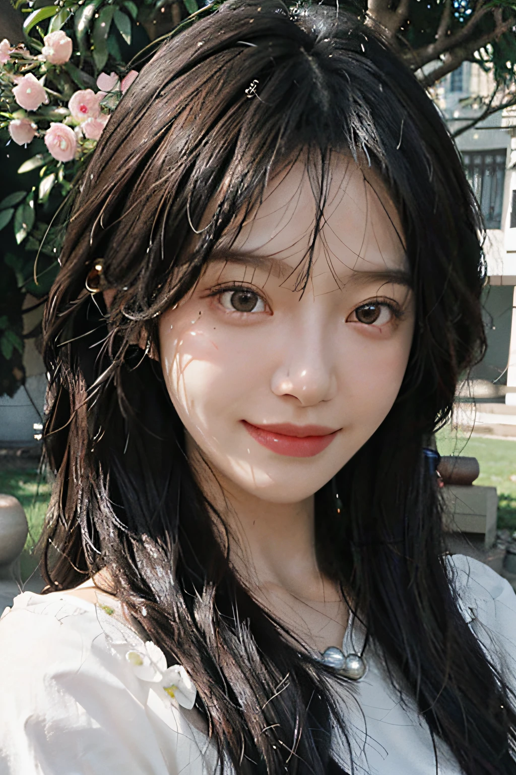 A beautiful girl, hair over the shoulder, clear eyes, bright eyes, smooth hair, exquisite and perfect facial features, the most beautiful big eyes, long eyelashes, sweet eyes with silkworms, smile, dynamic angle, ultimate picture quality, the highest precision, accurate and perfect human body, necklace, bust, close-up, outdoors, background is flowers and plants, (far shot, far shot)