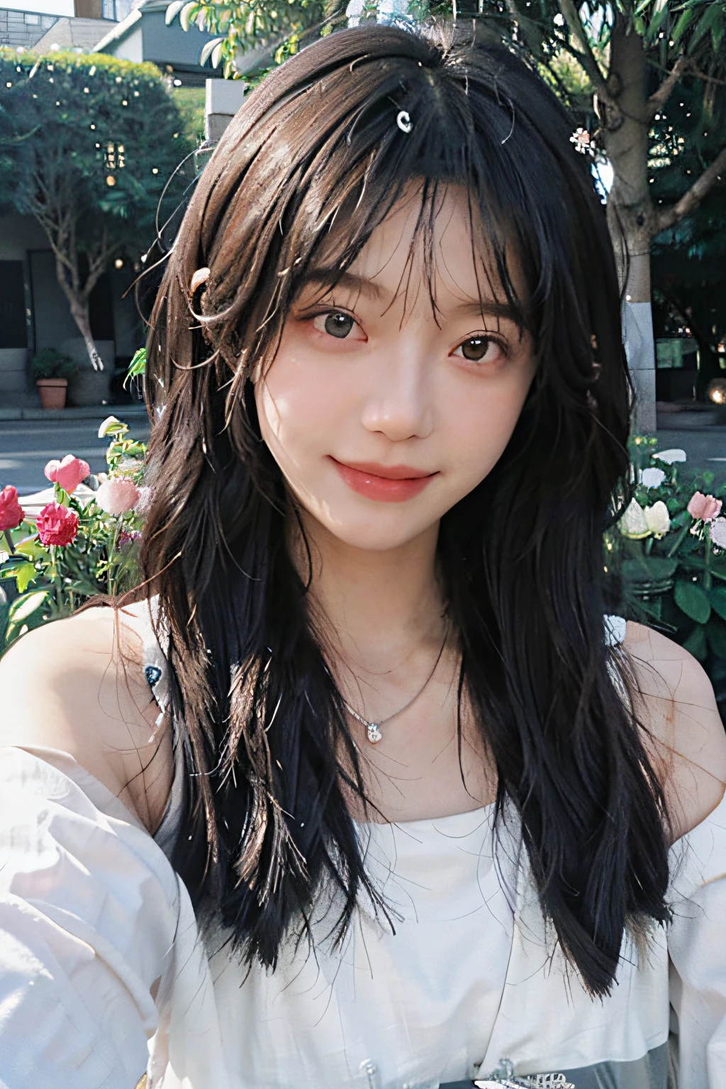 A beautiful girl, hair over the shoulder, clear eyes, bright eyes, smooth hair, exquisite and perfect facial features, the most beautiful big eyes, long eyelashes, sweet eyes with silkworms, smile, dynamic angle, ultimate picture quality, the highest precision, accurate and perfect human body, necklace, bust, close-up, outdoors, background is flowers and plants, (far shot, far shot)