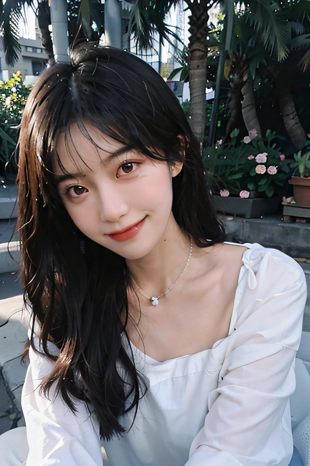 A beautiful girl, hair over the shoulder, clear eyes, bright eyes, smooth hair, exquisite and perfect facial features, the most beautiful big eyes, long eyelashes, sweet eyes with silkworms, smile, dynamic angle, ultimate picture quality, the highest precision, accurate and perfect human body, necklace, bust, close-up, outdoors, background is flowers and plants, (far shot, far shot)