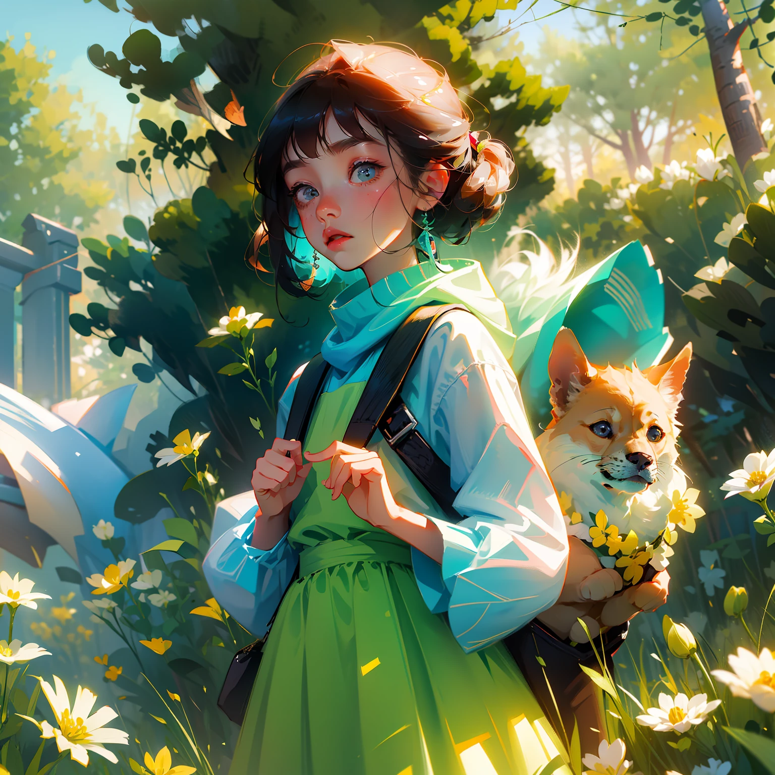 8k, with highly detailed facial features, a very charming with backpack on her back with her cute little dog enjoying a cute spring outing surrounded by beautiful yellow flowers and nature. The illustration is a high-definition illustration in 4K resolution.