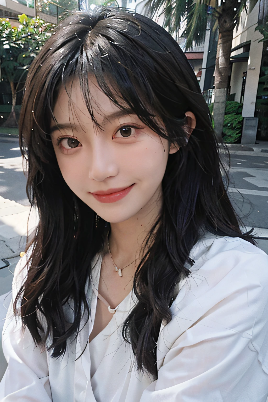 A beautiful girl, hair over the shoulder, clear eyes, bright eyes, smooth hair, exquisite and perfect facial features, the most beautiful big eyes, long eyelashes, sweet eyes with silkworms, smile, dynamic angle, ultimate picture quality, the highest precision, accurate and perfect human body, necklace, bust, close-up, outdoors, background is flowers and plants, (far shot, far shot)