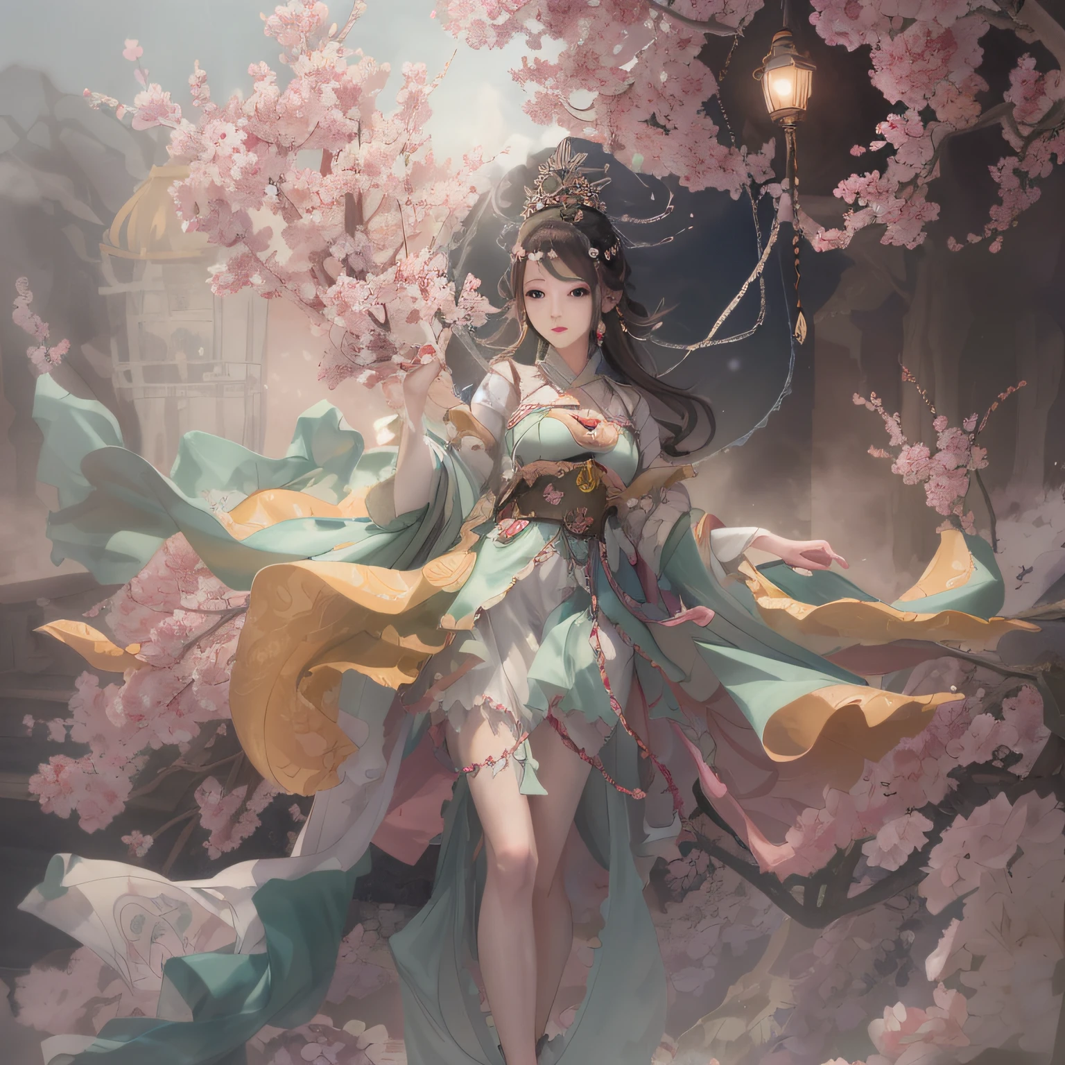 anime girl in a dress with a fan and a lantern, guweiz on pixiv artstation, guweiz on artstation pixiv, artwork in the style of guweiz, a beautiful fantasy empress, goddess of spring, by Yang J, anime fantasy illustration, palace , a girl in hanfu, by Yanjun Cheng, guweiz
