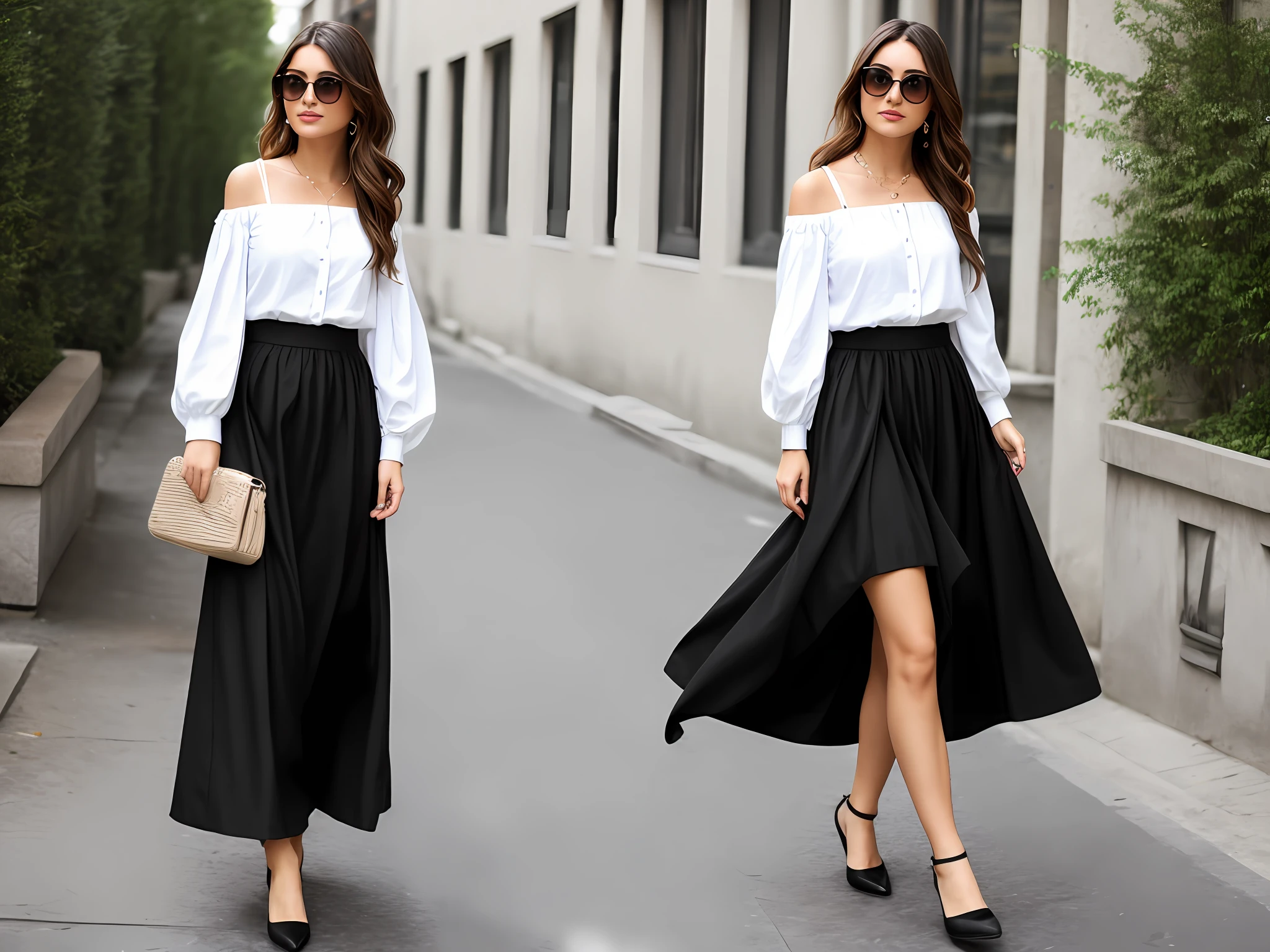 Narrow shoulder European woman wears puff sleeve shirt and black loose skirt