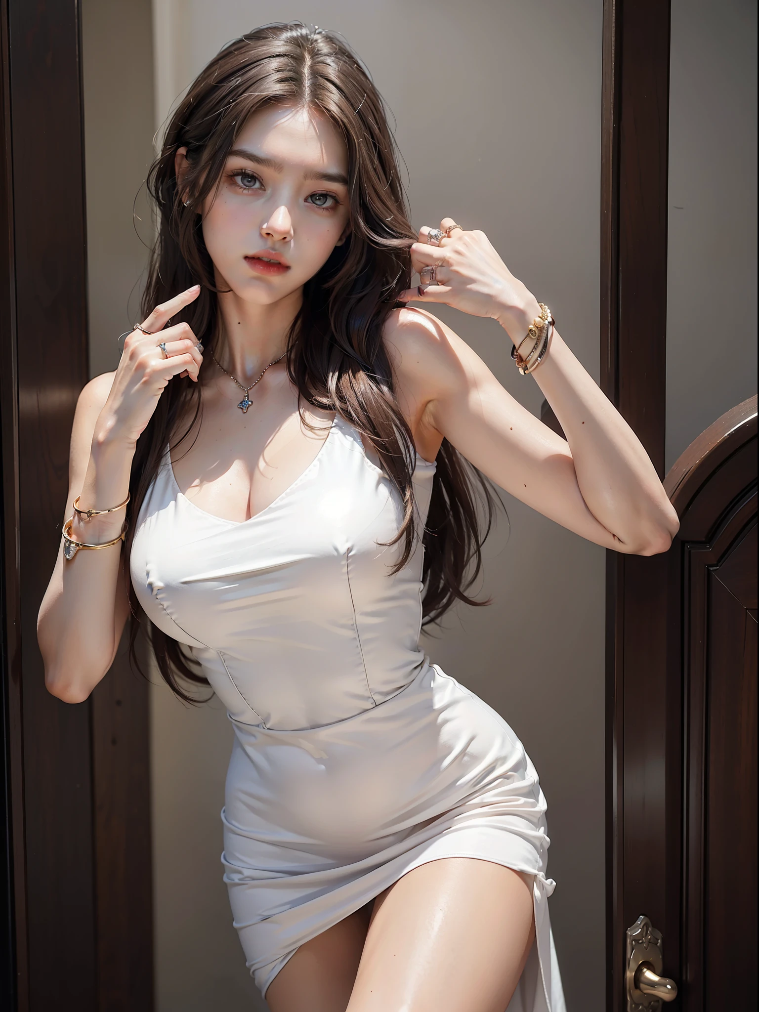 (Female: 1.2), (slim body), (5 thumbs), (Big breasts: 1.2), (Dark brown hair color), (Brown eyes), (Long hair mullet head), (White sexy dress), (Ring finger diamond ring), (Mid heel), (Bracelet), Masterpiece, Realism