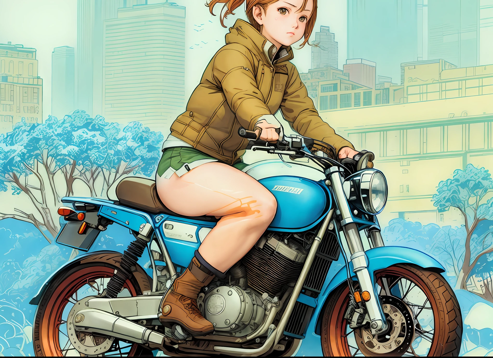 anime girl on a motorcycle in a city setting, frank cho, by Yoshihiko Wada, yoji shinkawa and geof darrow, inspired by Josan Gonzalez, martin ansin, inspired by Nagasawa Rosetsu, by Otomo Katsuhiro, inspired by Hiroshi Honda, josan gonzales, inspired by Otomo Katsuhiro, akira moto