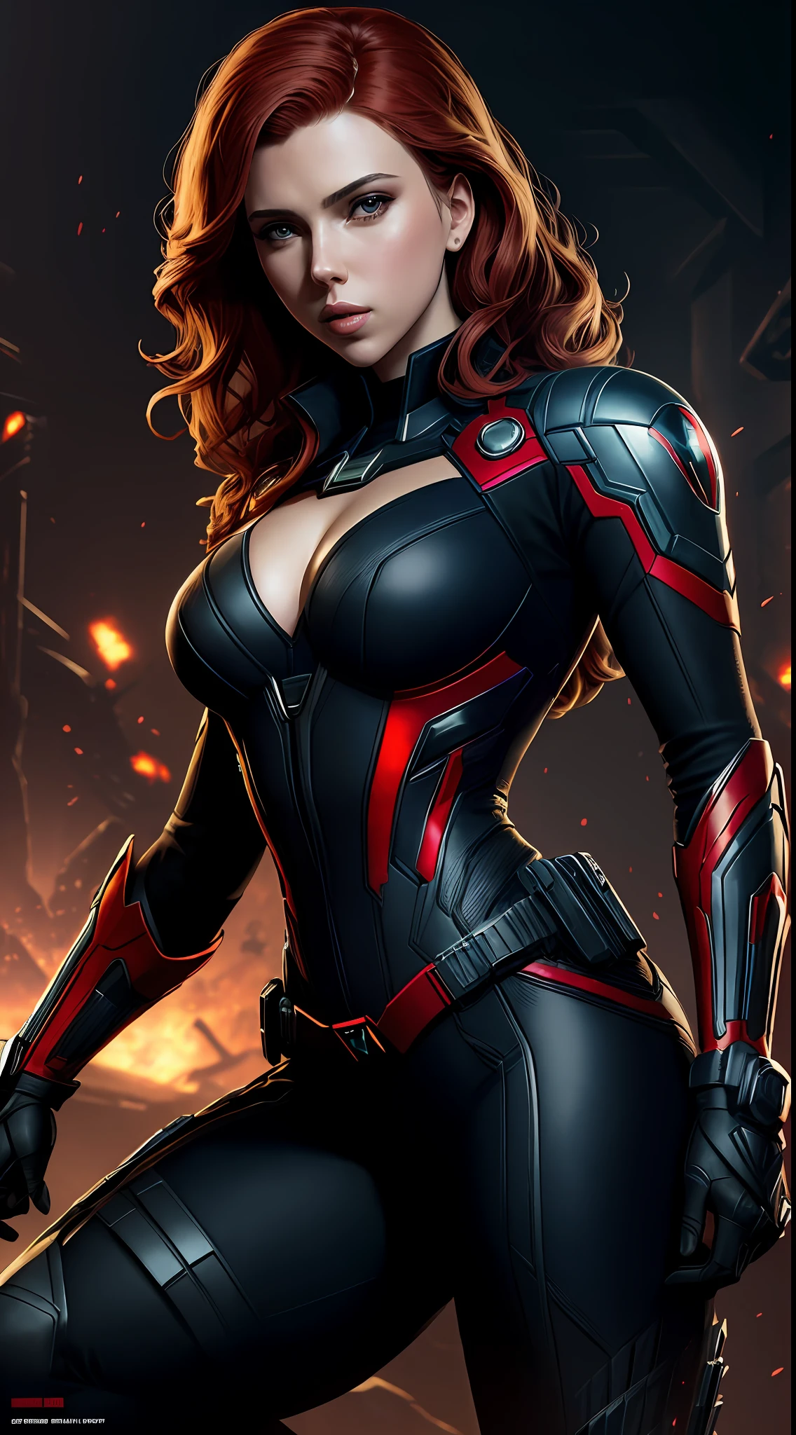 Scarlett Johansson as a black widow from the Marvel universe, super detailed, super detailed black widow costume, high-quality face study, (on an alien planet), full body, super quality for competition, ((black widow costume, superheroine)), (superhero pose: 1.1), (perfect body: 1.1), (short wavy hair: 1.2), whole body, casual pose, beautiful pose, (extremely detailed CG 8k wallpaper), (extremely delicate and beautiful),  (masterpiece), (best quality: 1.0), (ultra high resolution: 1.0), beautiful lighting, perfect lighting, realistic shadows, [high resolution], detailed skin, super detailed (((colorful))), Digital art, Metal Gear Solid concept art, Full Body concept art, Expert concept art with high detail, Concept art such as Ernest Halimov, FPS game concept art, Concept art, Craig Mullins style, Video game concept art, 8k